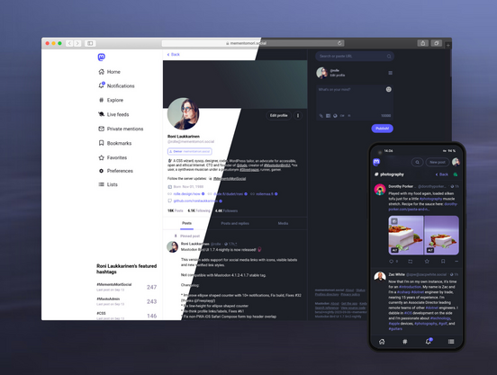 A safari browser mockup showing the latest version of Mastodon Bird UI, URL: mementomori.social. Shows a profile of @rolle with big rounder profile image, new 4.1.5 role badge (Owner of mementomori.social), profile text, pinned posts, icons on the left side, compose on the right side. Roni's featured hashtags #CSS, #mementomorisocial and #introduction. The right side of the mockup is OnePlus 8T mobile phone where #photography hashtag is browsed. Again, the mockup shows how Mastodon Bird UI would look, this time on mobile Android Chrome progressive web app.