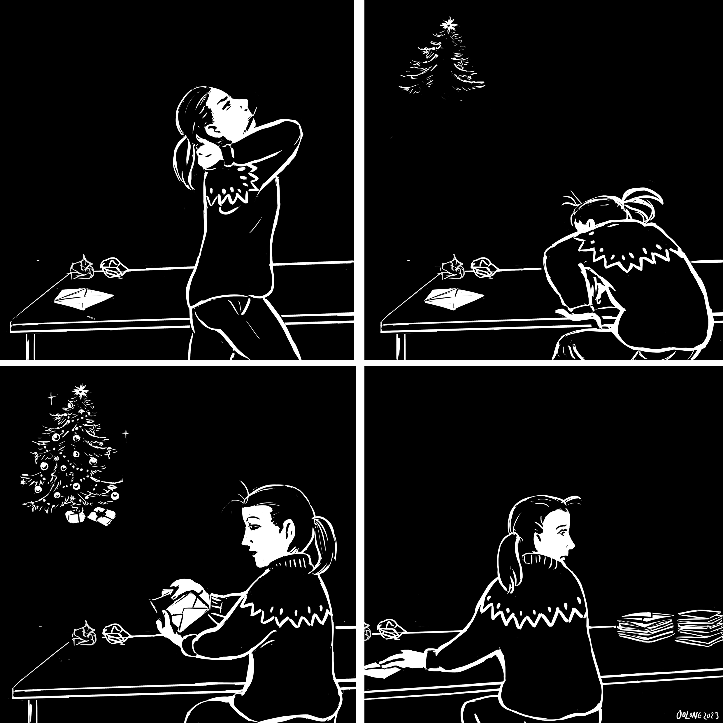 Comic continues (2/2). The person strethes and we she her really making an effort. The card has a complex and pretty looking picture of a Christmass tree, and she happily puts it on a letter case. On the last panel she glances to her side and sees a pile of cards and letter cases and looks slightly overwhelmed.