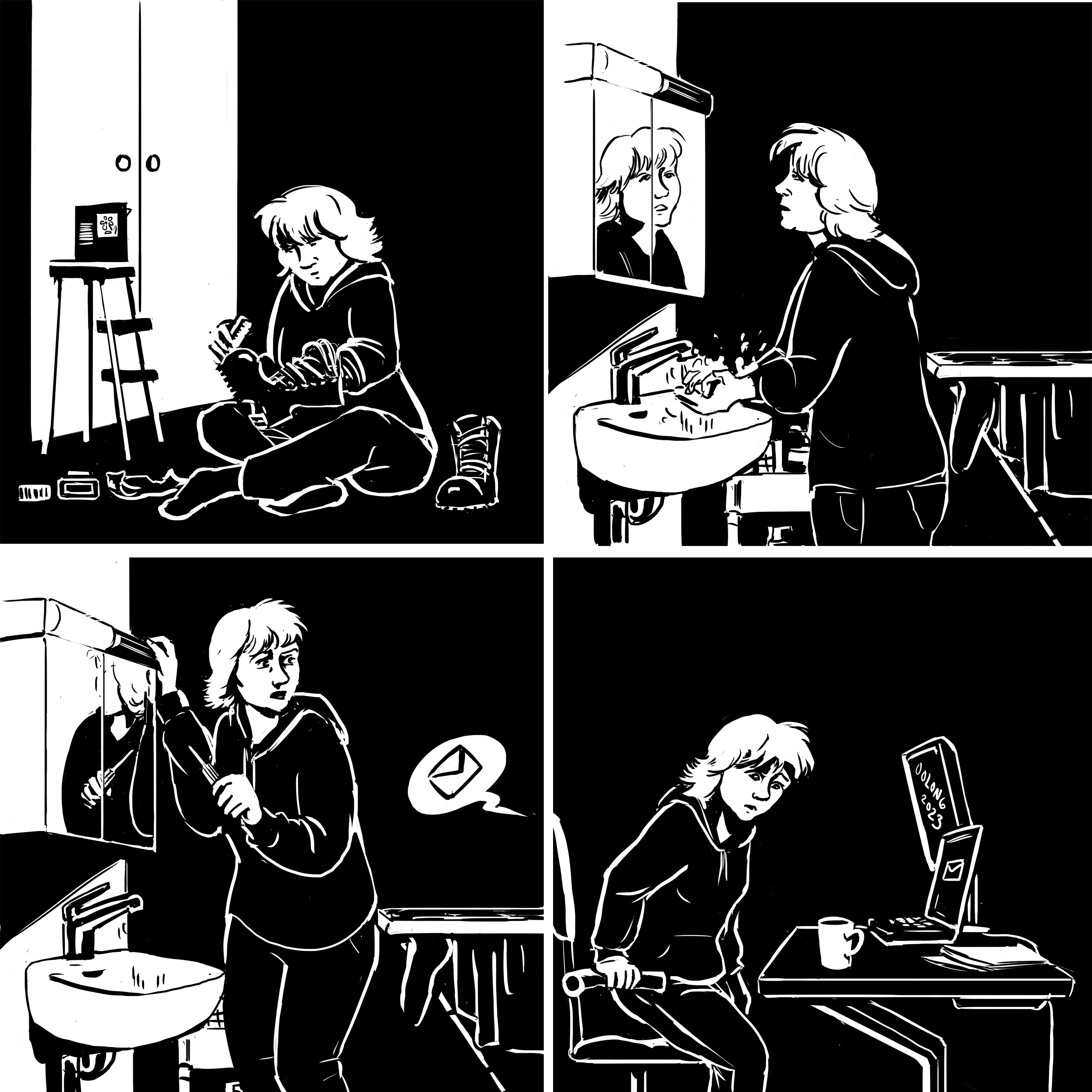 Comic continues (part 2/2). The person is polishing her shoes. She goes to wash her hands, but the bathroom light is broken. She starts to change that, but then she hears an email notification sound from her computer. She returns to her desk and is about to sit down, when she sees her coffee cup still empty.