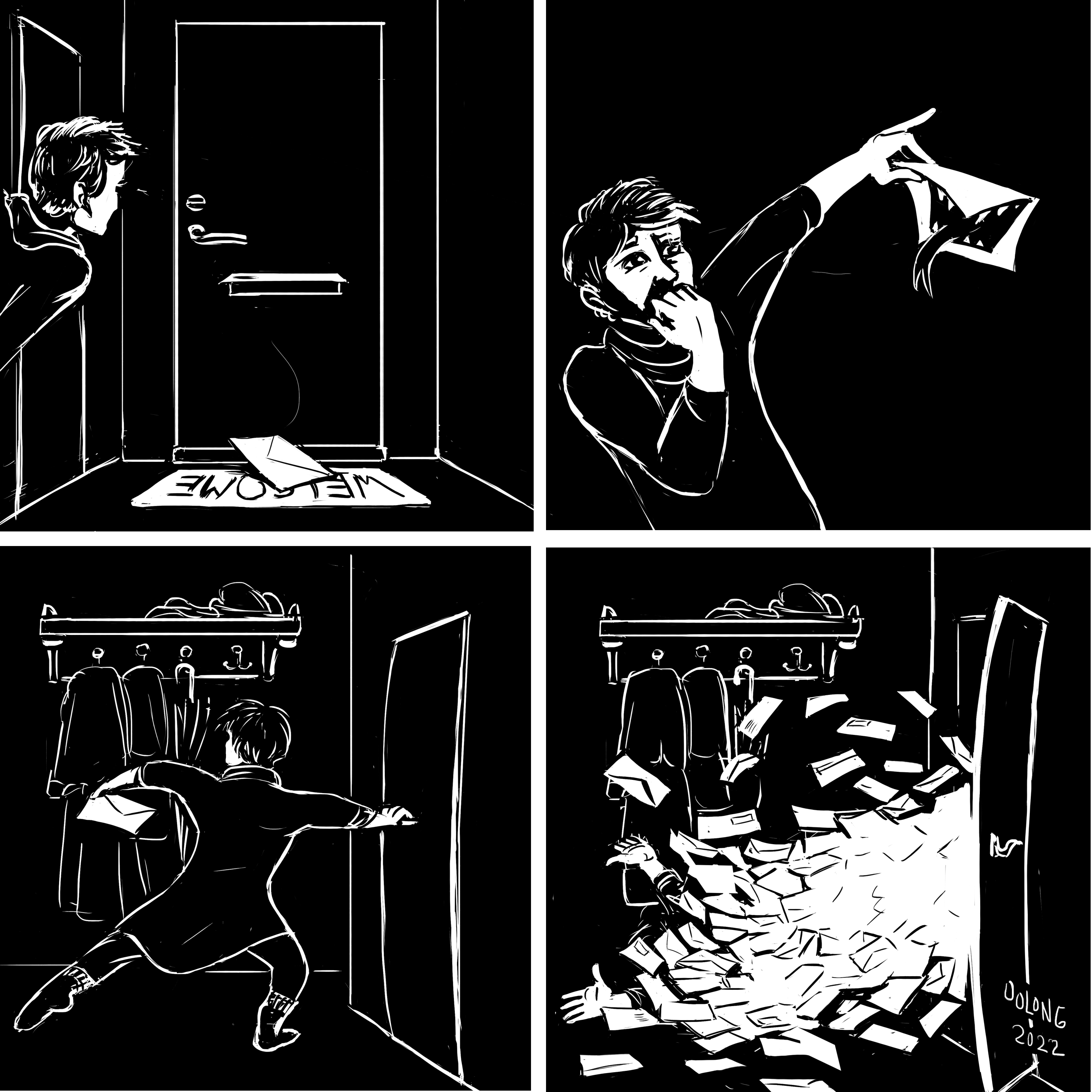 A four page comic strip where on the fist panel an person sees a letter dropping from a letter slot on a door. She holds the letter on her fingers, and the letter grows a mouth with sharp teeth and vicious grin. She tries to open a closet to toss the letter there, but the closet door springs open and a flood of letters pour out to cover her.