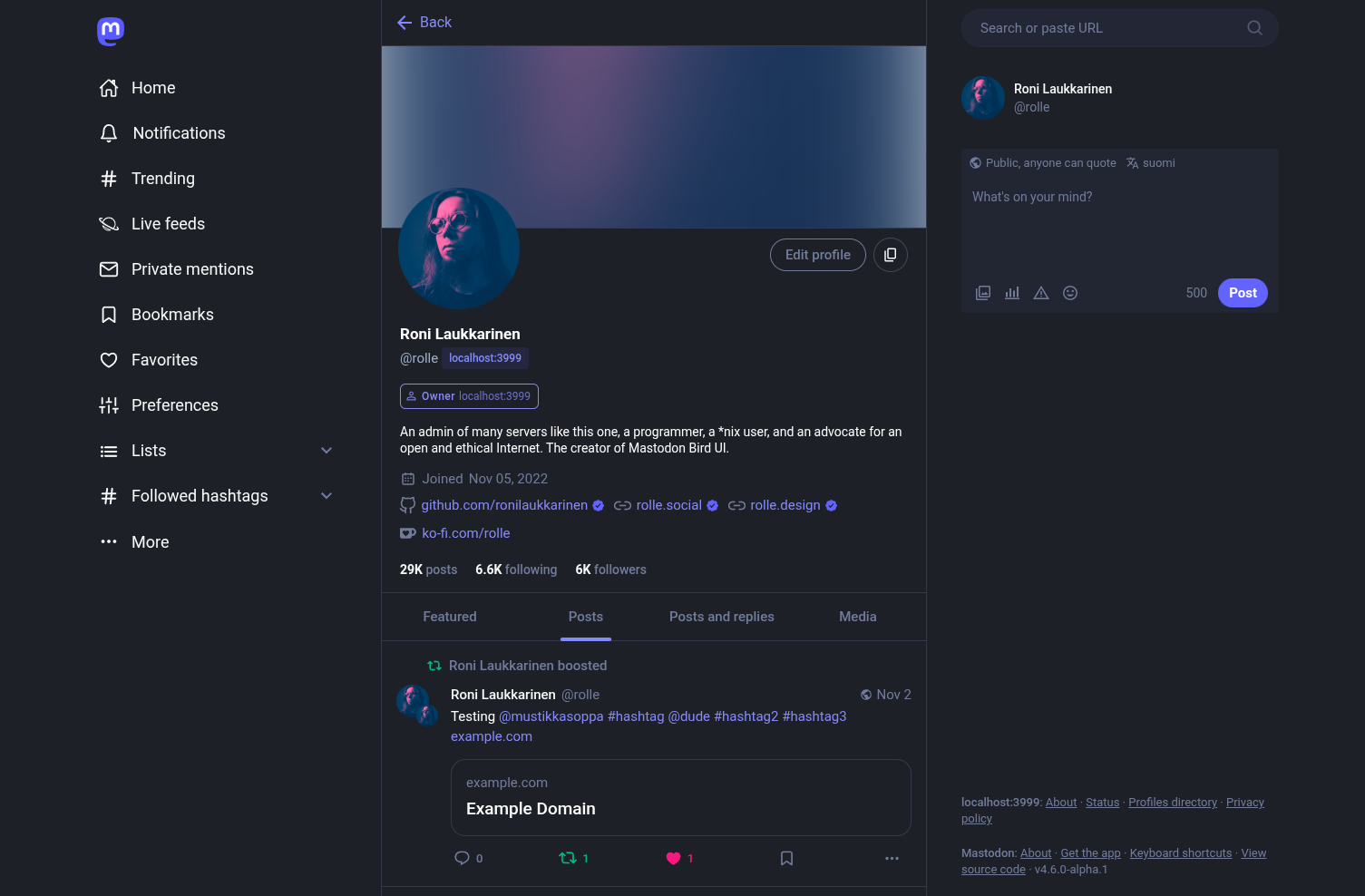 Screenshot of Mastodon v4.6.0-alpha.1 + Mastodon Bird UI 4.0.0rc