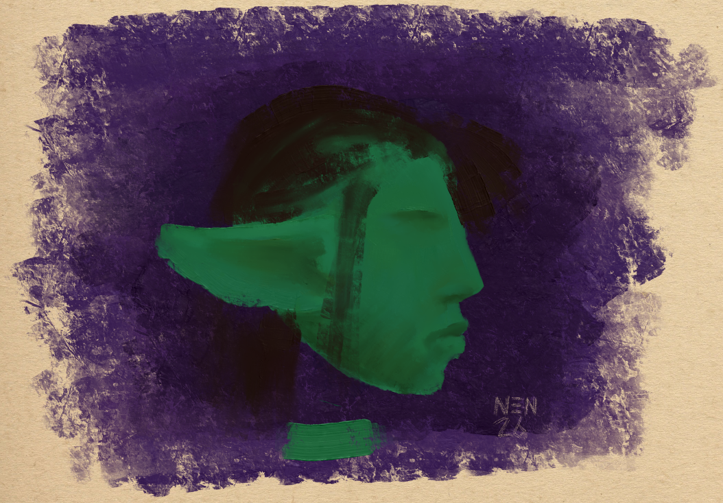 Digital painting of a green woman with long, pointy ears. Side profile.