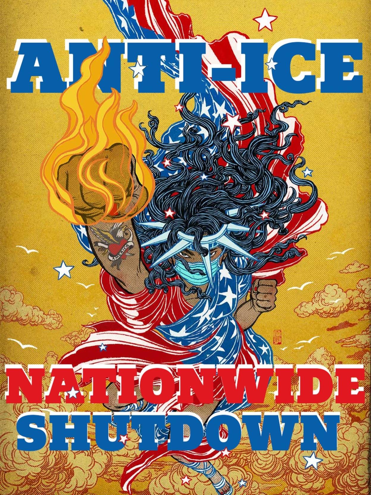 A graphic illustration by Yuko Shimizu saying nationwide shutdown with an illustrative image of the Statue of Liberty in a very protesting mode.