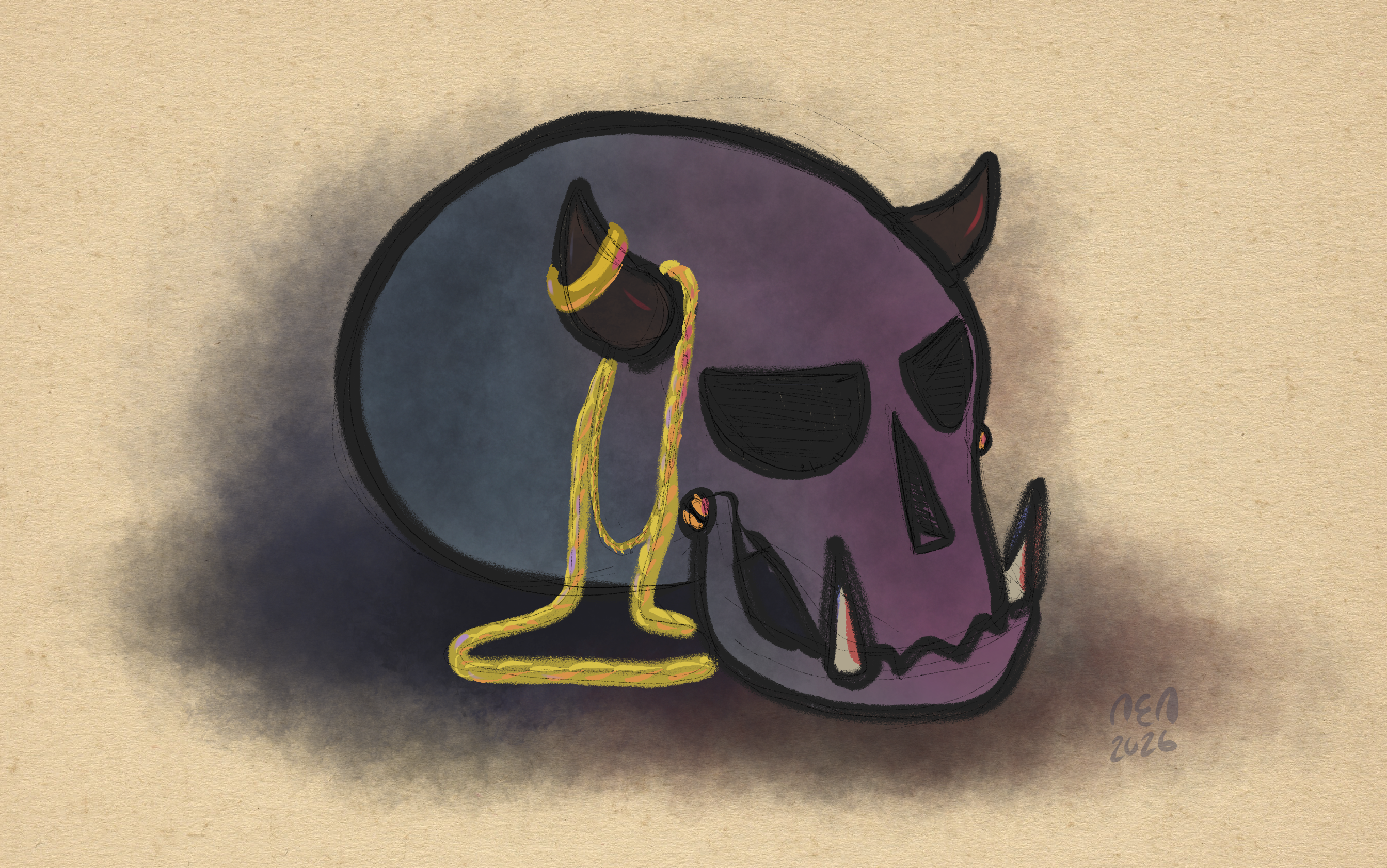 Digital painting. An angry horned skull with its jaw attached by bronze screws. There's a ring and gold chains hanging from one horn.