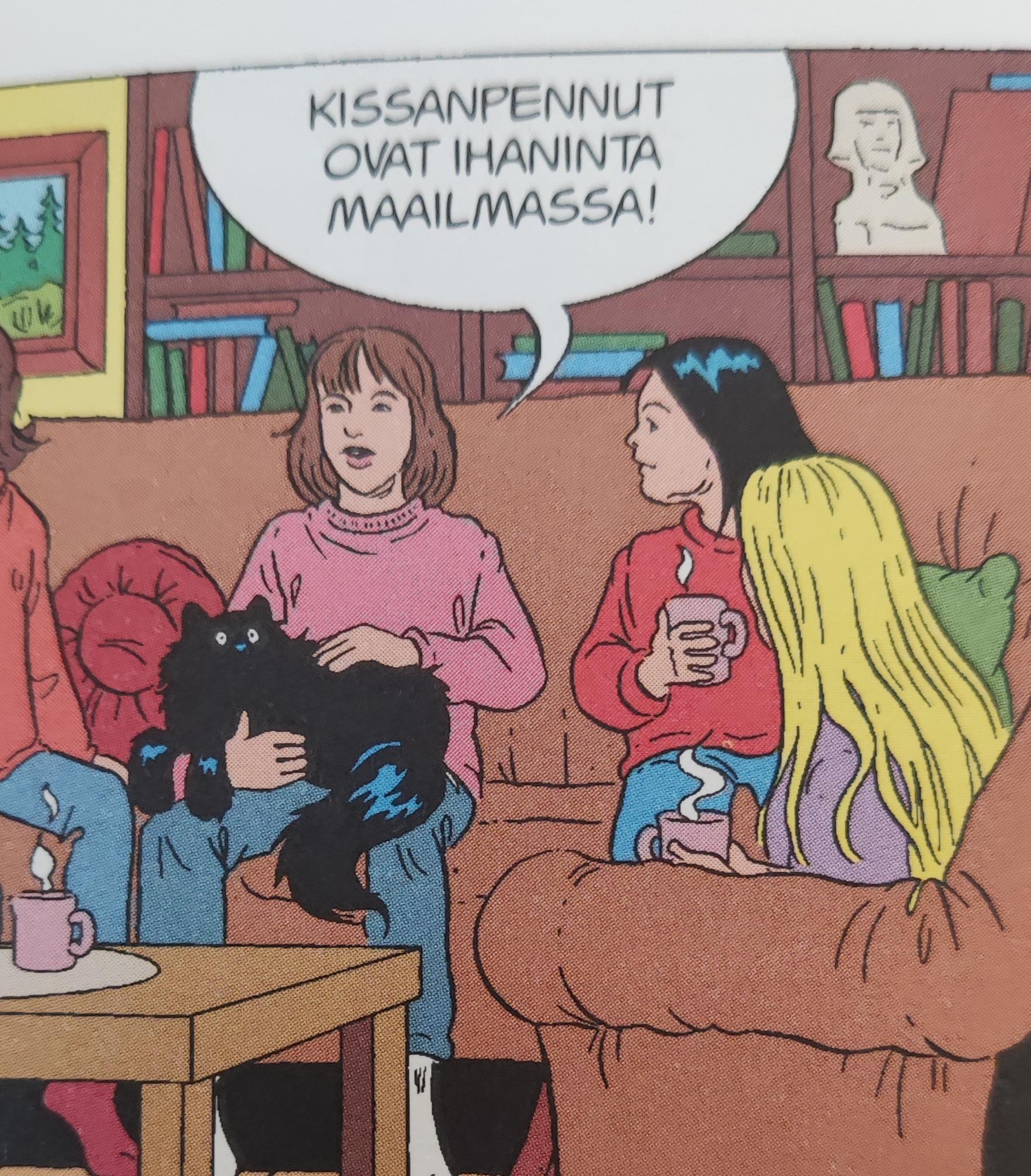 Kissa sylissä. Musta pallo, jolla hevosen häntä ja valkoiset napit silminä.