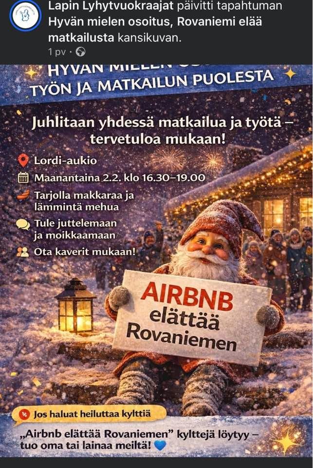 Tekoälyllä tehty karmiva mainos Lapin Lyhytvuokraajien Hyvän mielen osoituksesta. Joulutonttu lumisessa maisemassa pitelee kylttiä tekstillä "AIRBNB elättää Rovaniemen."