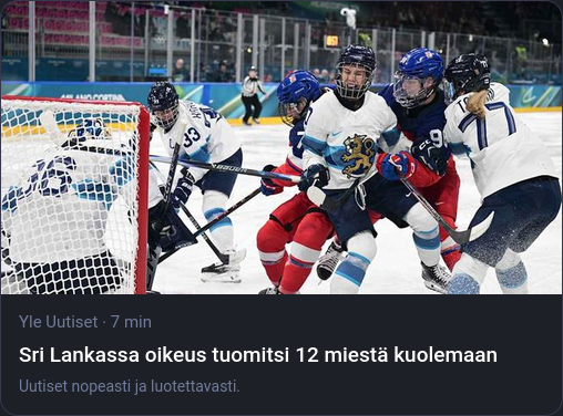 Kuvassa töötin otsikko "Sri Lankassa oikeus tuomitsi 12 miestä kuolemaan", mutta uutisen kuvituksena kuva jääkiekko-ottelusta. Ottelu ehkä olympia turnauksesta naisten jääkiekosta Suomi-Kanada.