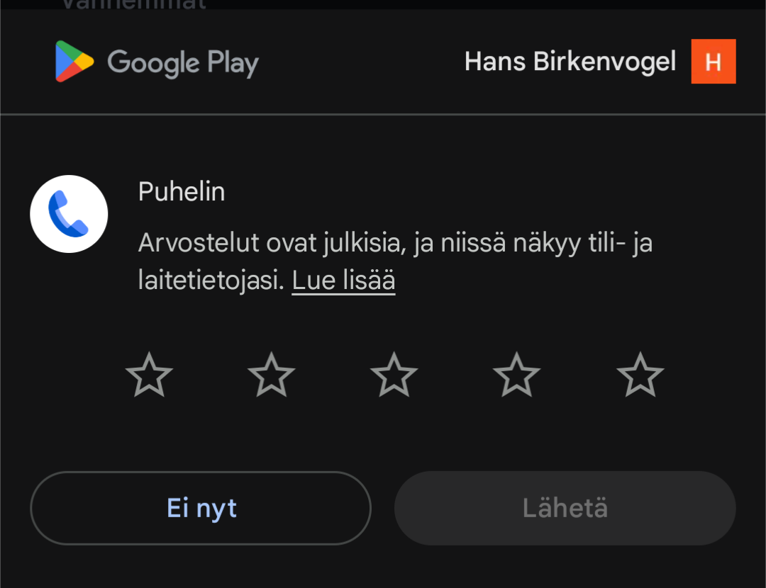 Google Play pyytää arvostelemaan sovelluksen "Puhelin"