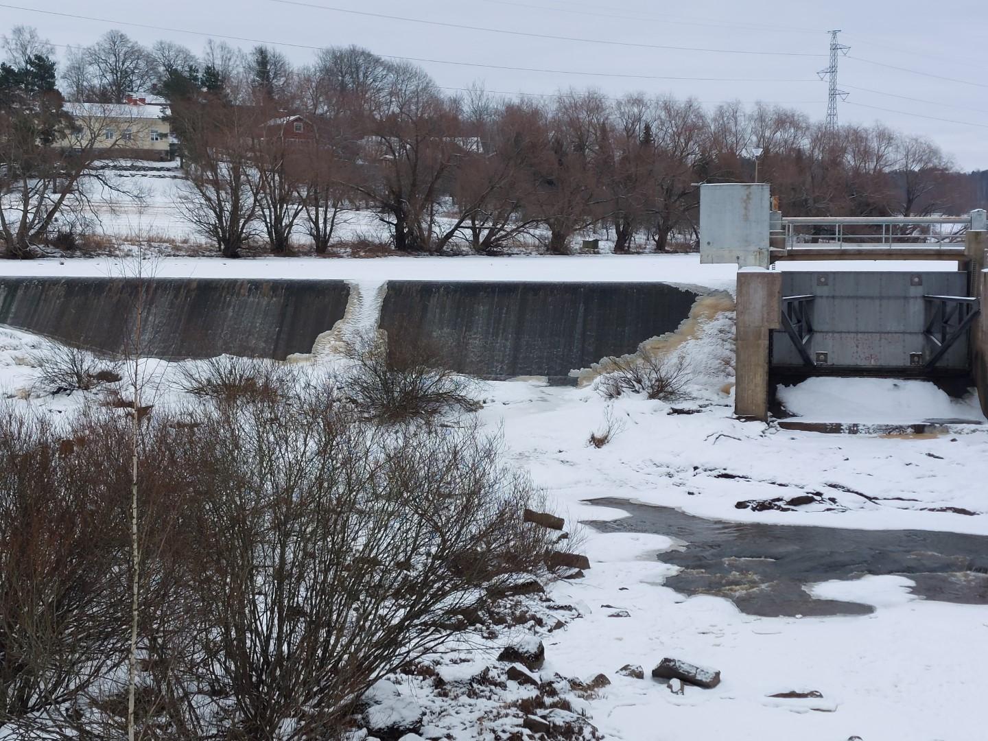 Halisten pato Aurajoessa 12.2.1016. Vesi vielä virtaa niukasti reunan yli, mutta jäätyminen uhkaa jo reunoilta.