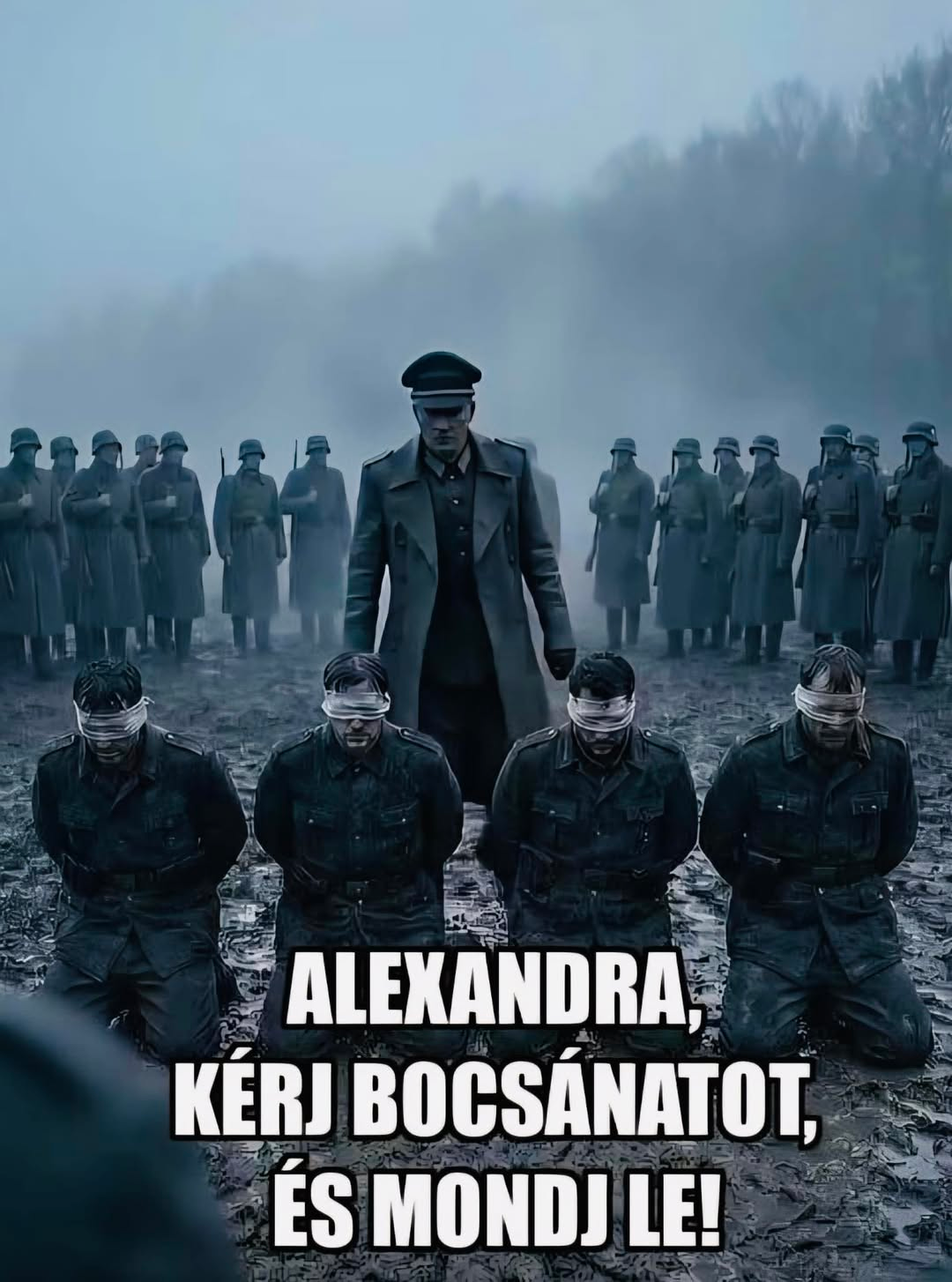 Pysäytyskuva tekoälyvideosta. Harmaasävyisessä, ankeassa kuvassa taustalla seisoskelee kypäräpäisiä sotilaita, etualalla on kuraisessa maassa polvillaan, kasvot katsojaan päin, neljä sotilaspukuista miestä side silmillä ja kädet selän taakse sidottuina. Heidän takanaan seisoo koppalakkinen upseeri yllä sotilaspuku ja mantteli. Kuvan päällä meemiteksti: ALEXANDRA, KÉRJ BOCSÁNATOT ÉS MONDJ LE! [’Alexandra, pyydä anteeksi ja eroa!’]