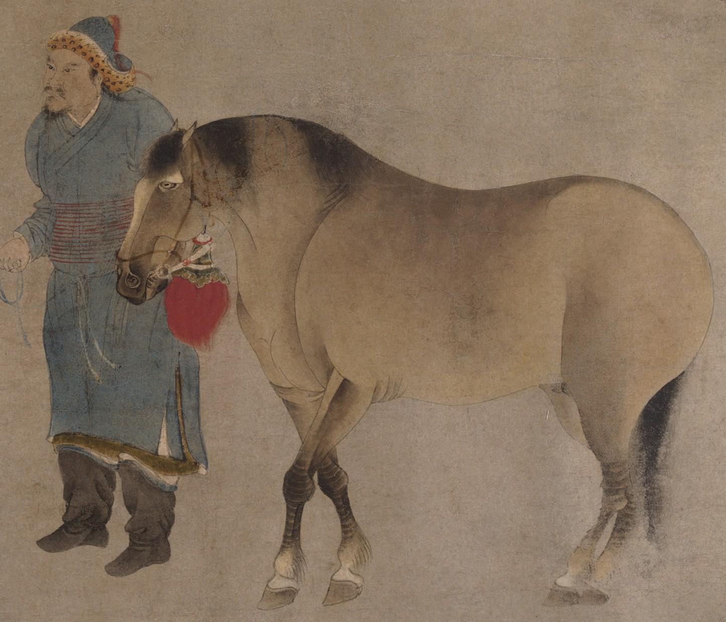 Maalaus ruskealla pohjalla esittää miestä pohjoisaasialaisessa paimentolaisasussa (laikukkaalla turkiksella vuorattu lakki, pitkä siniharmaa kauhtana ja mustat pehmeät saappaat ilman korkoja), joka pitelee harmaanruskeaa hevosta, jolla on musta harja ja häntä, mustat jalat ja valkoiset merkit päässä ja vuohisissa. Hevosen suitsista roikkuu suuri punainen tupsu.