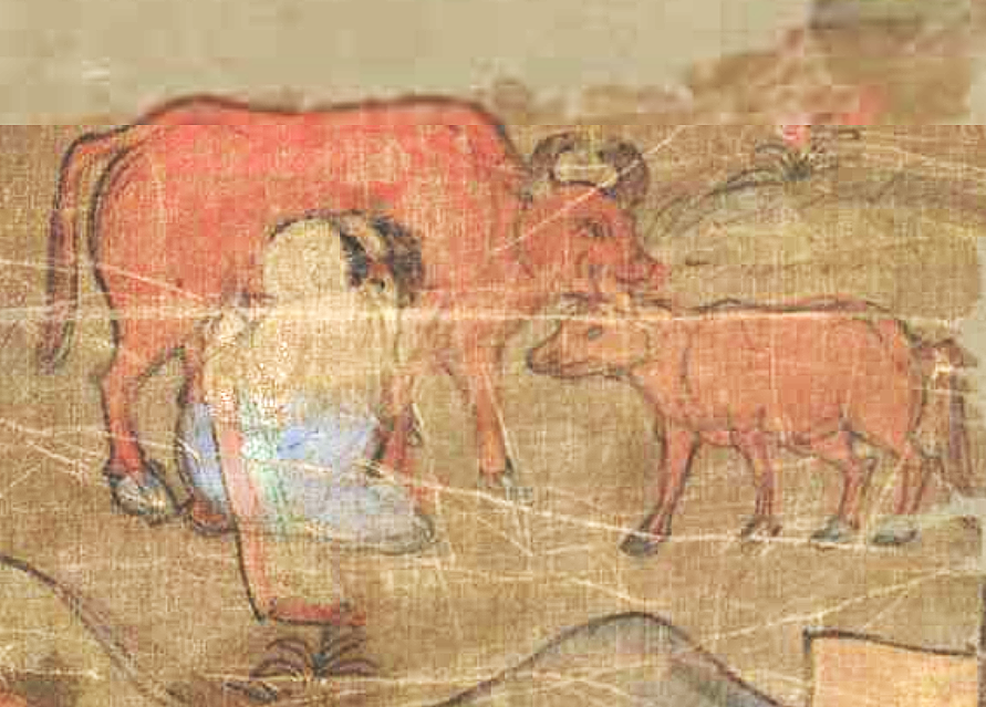 Kuva on epätarkka, koska se on kuvakaappaus suuremmasta kuvasta, joka esittää kankaalle maalattua lippua. Vaaleanruskealle kankaalle on maalattu punaruskea lehmä ja sen samanvärinen vasikka. Lehmä nuolee vasikan päätä. Lehmää lypsää nainen, joka on puettu Tang-dynastian aikaiseen kiinalaiseen asuun. Asuun kuuluu pitkä, rintojen yläpuolelle vyöretty hame, ja paidasta. Kuva ei kuitenkaan ole riittävän tarkka, että naisen asusta saisi hyvin selvää. Sen väri on vaaleansininen ja naisella on musta tukka korkeassa kampauksessa.