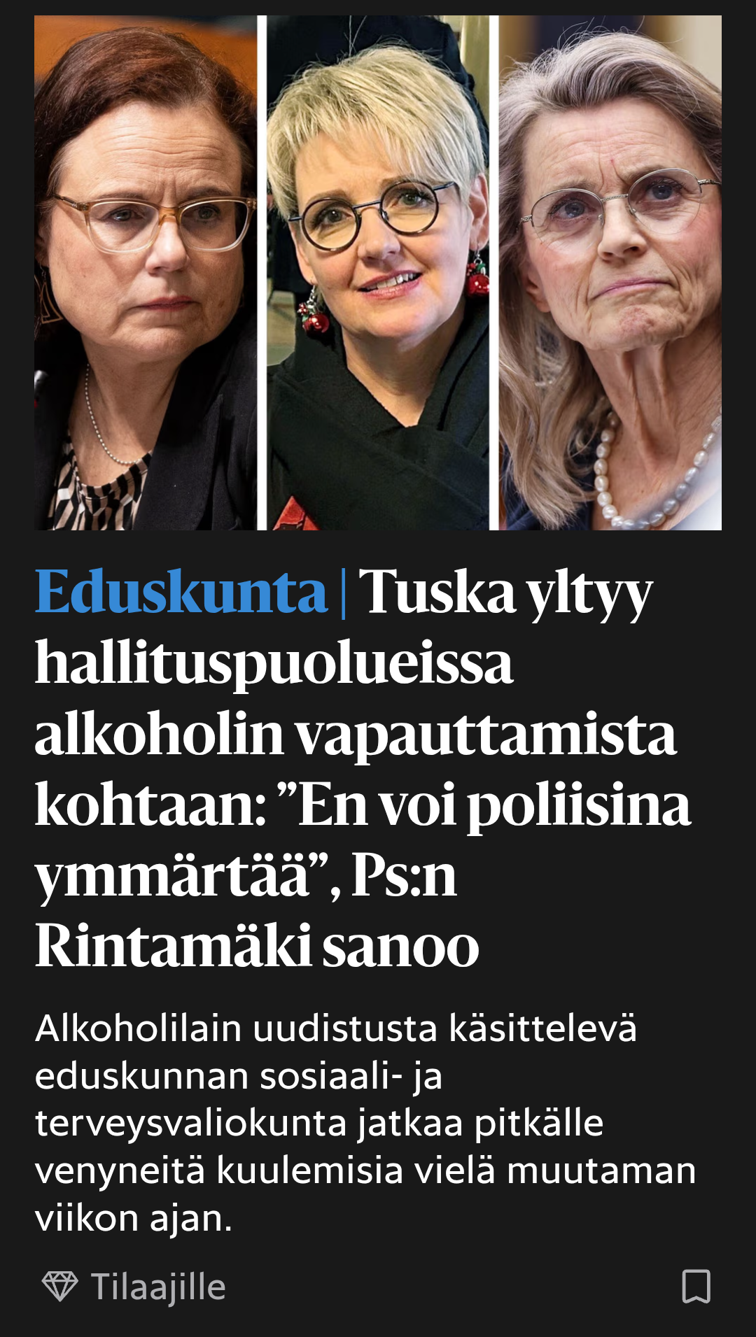 Hesarin otsikko: Tuska yltyy hallituspuolueissa alkoholin vapauttamista kohtaan: "Ei voi poliisina ymmärtää", Ps:n Rintamäki sanoo.