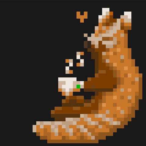 Pikselitaiteella tehty tyytyväinen kultapanda, jolla on höyryävä teemuki kädessä