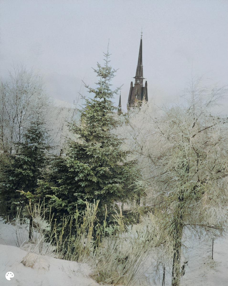 Talvinen näkymä Tähtitornin vuorelta. (1910, Helsingin kaupunginmuseo)

Alkuperäisen valokuvan on ottanut Ivan Timiriasew. Tämä kuva on keinotekoisesti väritetty DeOldify-algoritmilla.