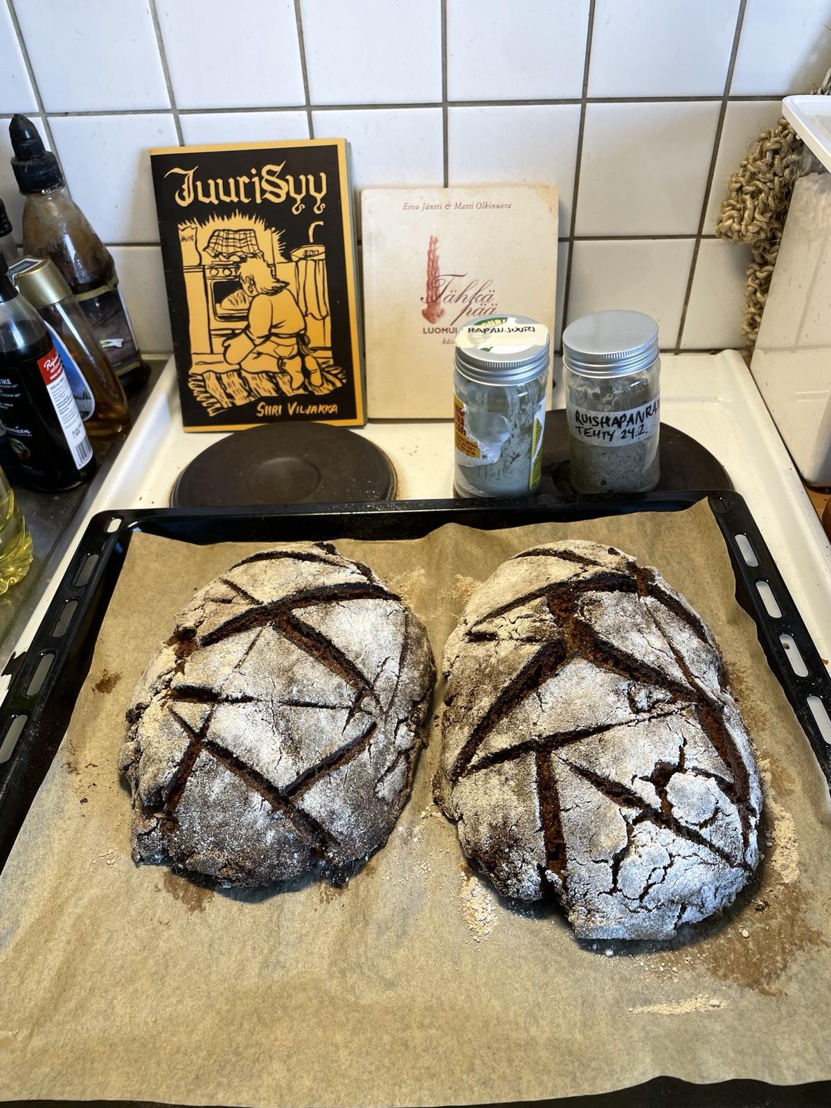 Sähköhellan päällä paistinpellillä on kaksi uunituoretta ruislimppua, joihin on tehty kuoreen koristeviillot. Niiden takana on kaksi lasipurkkia, joista yhdessä lukee "hapanjuuri" ja toisessa "ruishapanraski, tehty 24.2.". Purkeissa on kuplivaa vesi-jauhosta. Taustalla on Siiri Viljakan pienlehti "Juurisyy", jonka kannessa henkilö on keittiössä polvillaan leivinuunin ääressä patakintaat kädessä katsoen uunissa paistuvaa leipää. Lehden vieressä on kirja "Eeva Jäntti & Matti Olkinuora: Tähkäpää : luomuleipojan käsikirja".