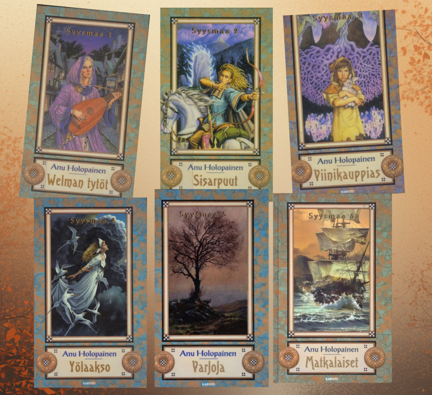 Anu Holopaisen Syysmaa-sarjan kuuden kirjan kansikuvakooste.