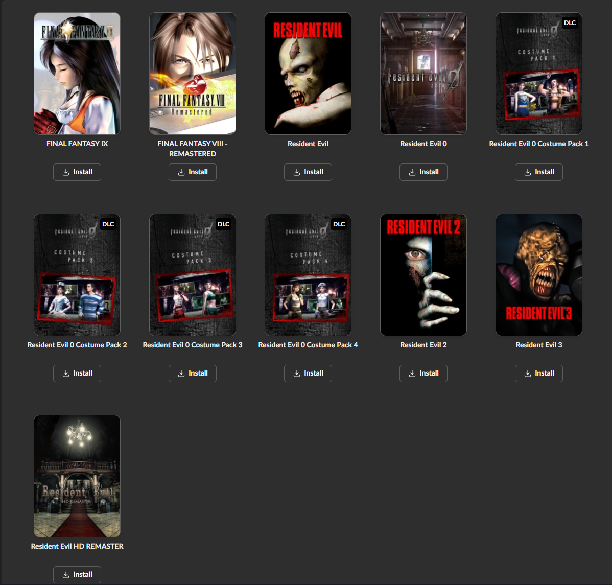 Kuvassa viimeisin gog.com-ostos, joka sisältää Final Fantasy VIII, Final Fantasy IX, Resident Evil, Resident Evil 2, Resident Evil 3, Resident Evil 0 ja sen vaatepaketit, sekä Resident Evil HD Remasterin.