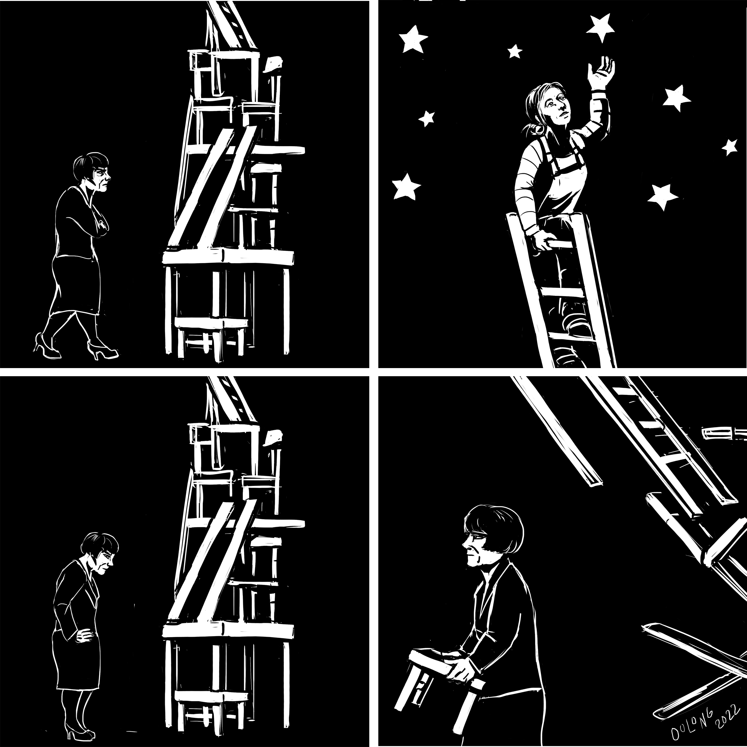 Comic continues (2/2). The lady who was working on the desk approaches the bottom of the tower with a sour look on her face. In the next panel we see the top of the tower, where the builder is standing and reaching for a star (resembling a large paper cut of a star). On the third panel the lady is looking at her stool at the base of the tower construction. On the last panel she is walking away with her stool and we see the tower collapsing behind her.