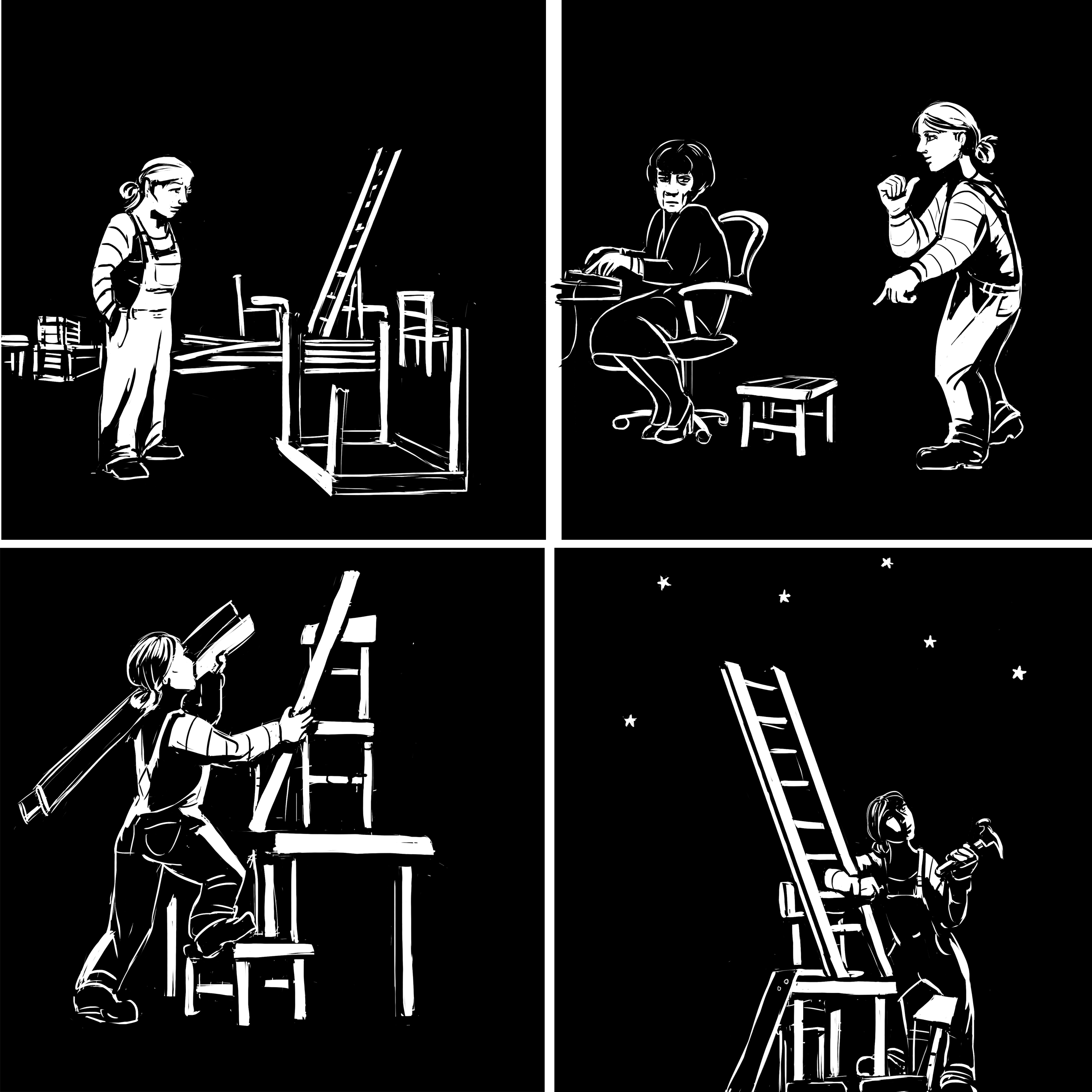 A four panel comic (1/2) where  a person in overalls sees a pile of random rubble (a broken table, a ladder, some wood). She goes to another person working on desk and asks to borrow a small stool. She then goes and stedies the broken table with the stool and starts creating a toweron top of it with the rest of the rubble. On the last panel the tower is closing up to the sky with some stars shining there.
