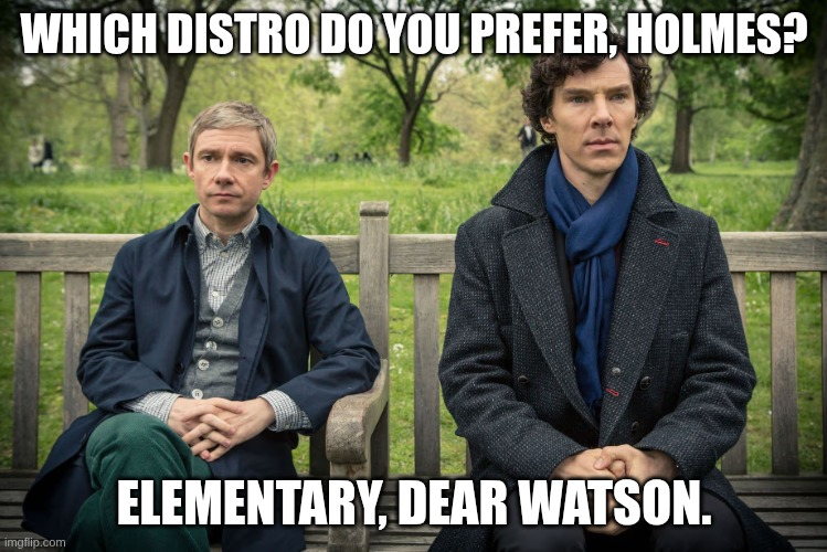 Doctor Watson and Sherlock Holmes are sitting on a bench. A promo shot from the BBC series.
The caption is:
"Which distro do you prefer, Holmes?"
"Elementary, dear Watson."
