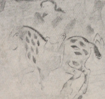 Epätarkka kuva ruskean ja harmaan sävyissä, joka esittää täplikästä hevosta ratsastajineen. Ratsastajalla on pitkä musta tukka, mutta muuten hänen kasvonpiirteistään ja vaatetuksestaan ei saa selvää. Hevosella on lyhyt häntä ja isot kaviot. Täplät ovat salmiakkikuvioiset.