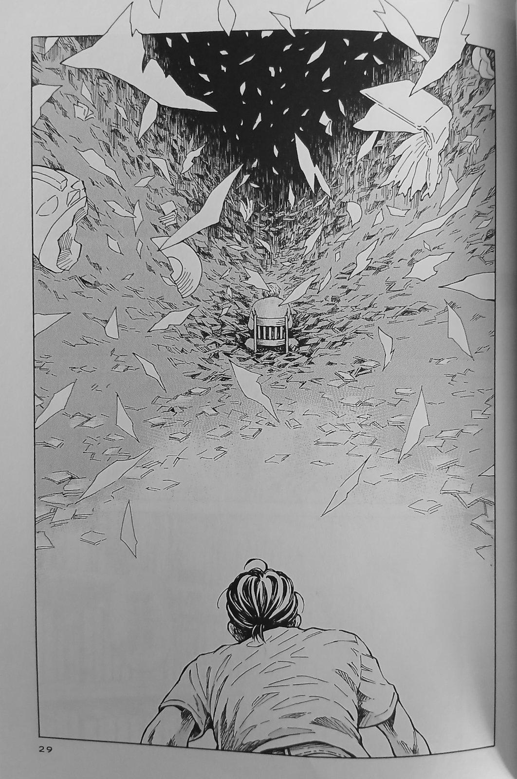 Koko sivun ruutu päähenkilön päänsisäisistä tunnelmista. Etäämpänä, valtavan kirjalaakson keskellä ja selkä käännettynä päähenkilöä kohti istuu se tuntematon, edesmennyt kirjakeräilijä, jota päähenkilö ei koskaan tavannut muuten kuin välillisesti talossa olleen kirjakokoelman kautta. Palasiksi hajoavia kirjoja lentelee ympäriinsä.