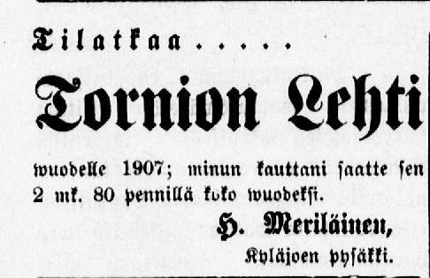 15.12.1906 Tornion Lehti no 98 Kansalliskirjaston digitoidut aineistot