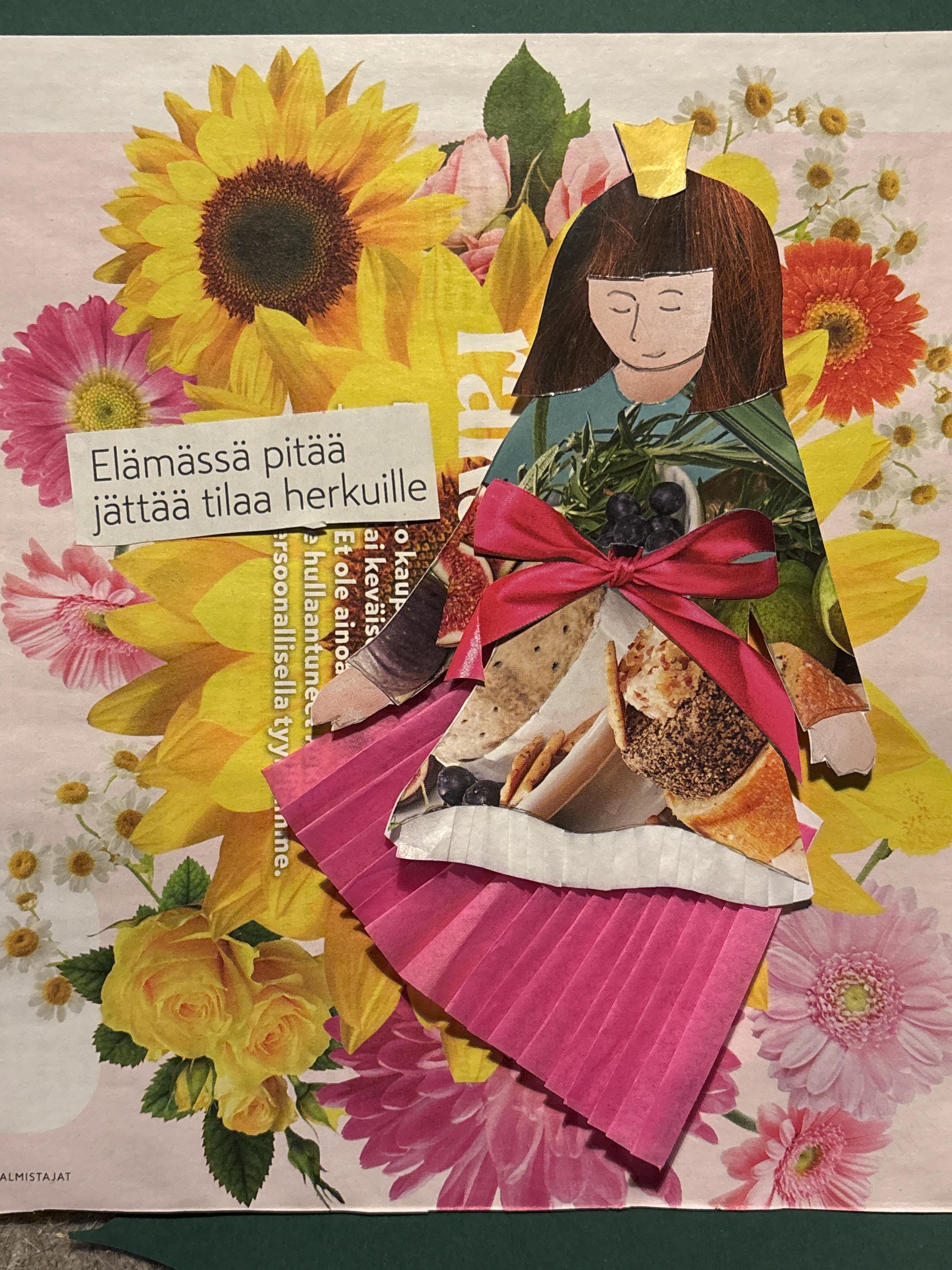 A collage of a princess sleeping with sunflowers and roses and gerberas, paper collage