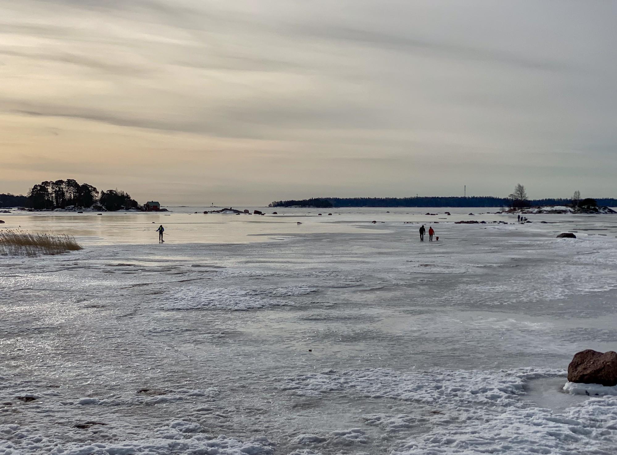Jäätynyt meri ja matala hiekkaranta. Muutamia kiviä ja järviruokoa. Jään pinta on lähellä rantaa röpelöinen, mutta kauempana on sileitä alueita. Kaksi kävelijää ja koira kävelevät karkean alueen reunaa. Luistelija tutkii jäätä sileän alueen reunassa. Kaksi pilkkijää on lähdössä kauempana olevien kivien luota edemmäs jäälle.