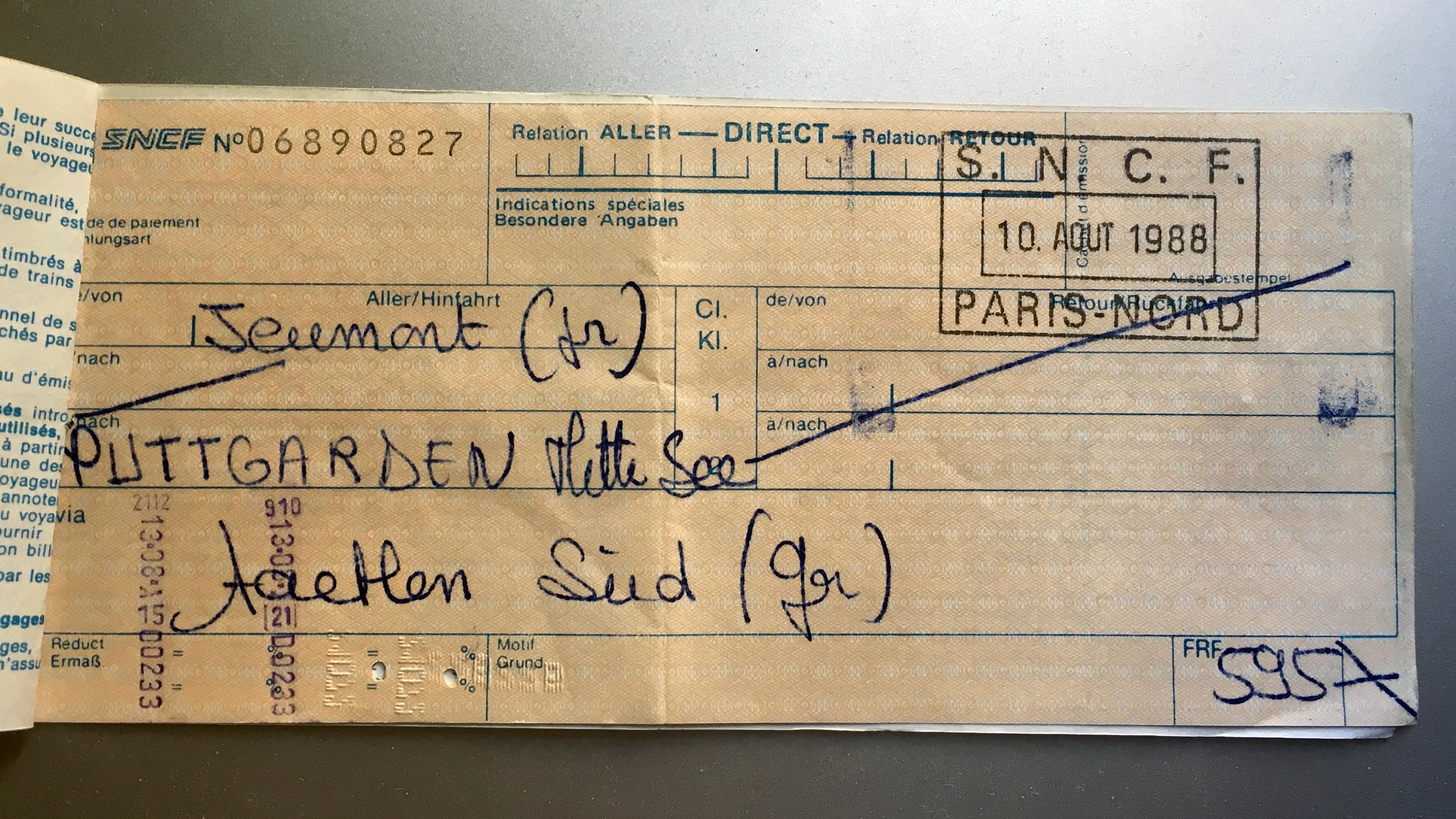 A ticket between jeumont (fr) (FR-BE border ticketing point) and Puttgarden Mitte See (DE-DK border ticketing point on the train ferry route Puttgarden–Rødby). I had some different ticket (pass?) for France and Denmark.