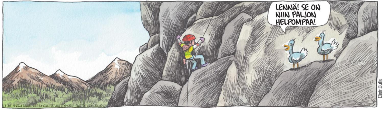 Vuorenrinne, kiipeilijä, kaksi lintua, joista toinen vittuilee kiipeilijälle: ”Lennä! Se on niin paljon helpompaa!”