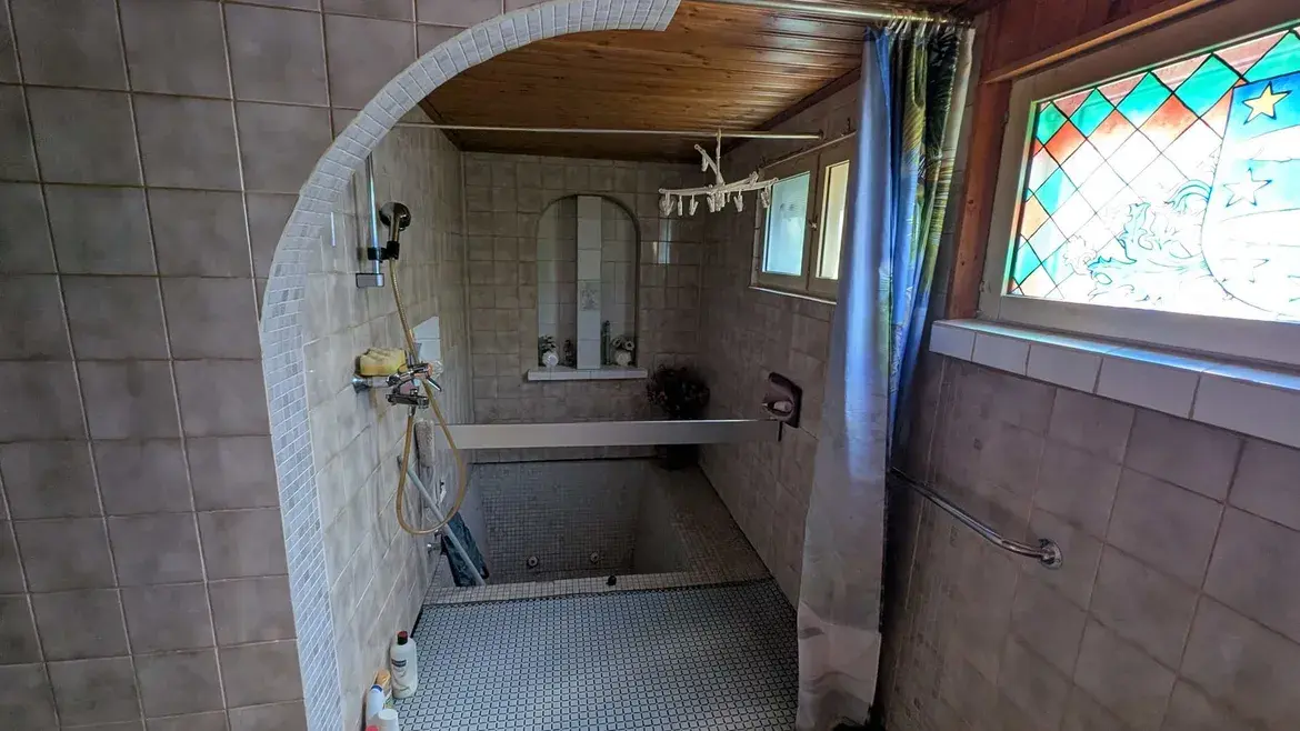 Tila, joka ilmeisesti toimii suihkutilana. Seinissä on kamelinpersien värinen laatoitus, katossa puupaneeli. Oikealla ikkuna, josta näkyy kesäistä maisemaa. Lattiassa on harmaata pienikokoista laattaa, kuin uimahalleissa. Suihku on tilan oikealla seinällä. Laatoitus jatkuu suihkutilan jälkeen yhtäkkiä jonkinlaiseen tyhjään altaaseen, joka vaikuttaa varsin syvältä ja jonka käyttötarkoitusta on vaikea arvata? Tee-se-itse -poreallas? Allas syntien tai ruumiiden hävittämistä varten?  Altaan yläpuolella on vaakatasossa... palkki, eikä kuvasta näy, johtaako altaaseen esim. porrasaskelmia.