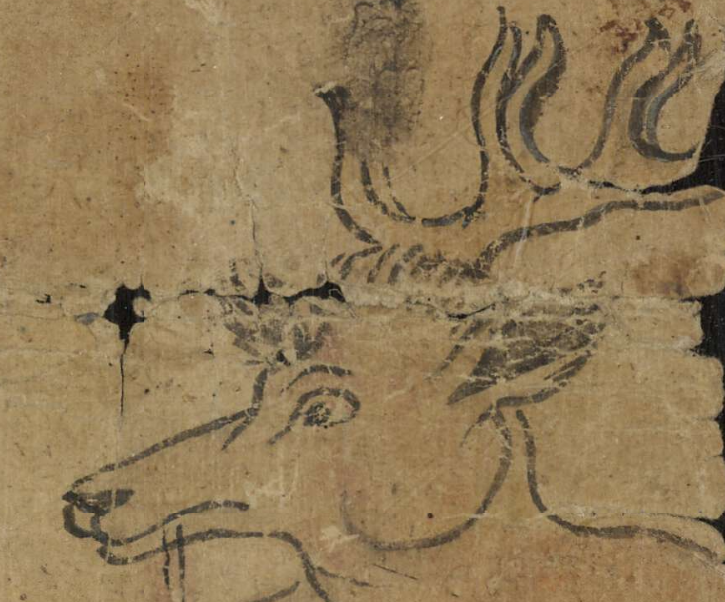 Mustepiirustus ruskealle paperille, joka esittää isokauriin sarvekasta päätä profiilissa.