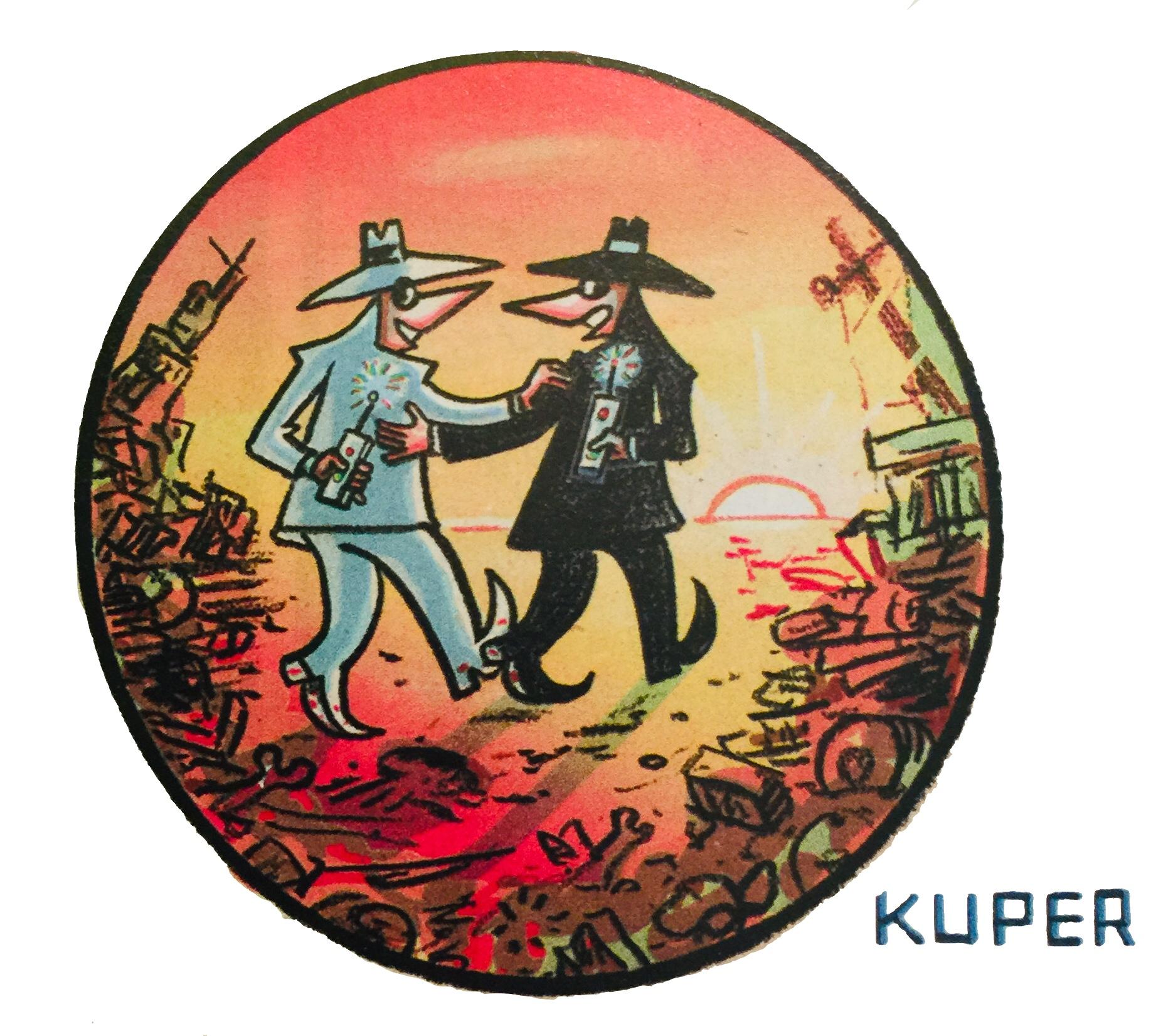 Valkoinen ja musta vakooja kävelevät vierekkäin hymyillen kohti auringonlaskua, kuin sopineina, kuitenkin kumpikin pitää selkänsä takana pahaenteistä kaukolaukaisinta.