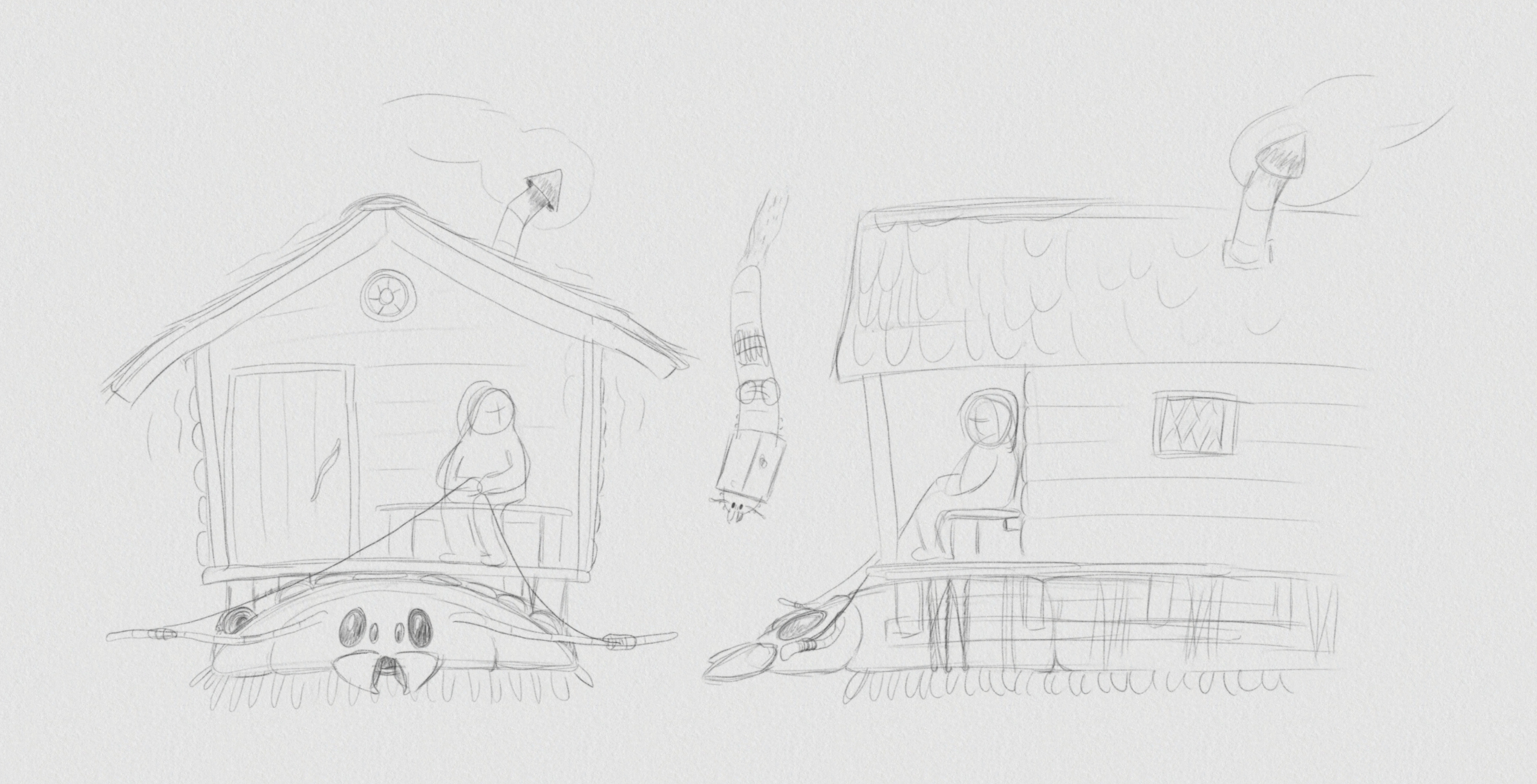 Digitaalinen piirros. Valtava tuhatjalkainen edestä, päältä ja sivusta kuvattuna. Sen selässä on pieni mökki ja mökin kuistilla edessä istuu ihmishahmo pidellen ohjaksista. Ohjakset on kiinnitetty tuhatjalkaisen tuntosarviin.