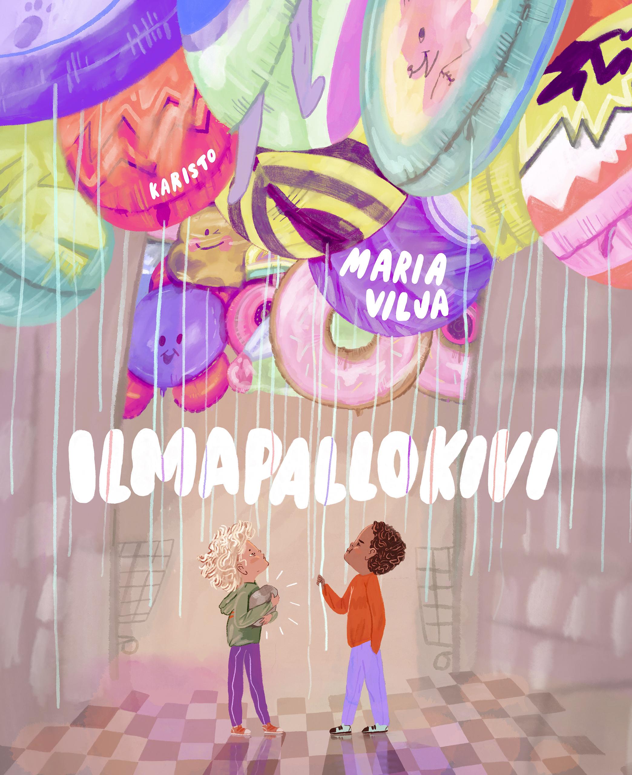 Ilmapallokivi-kirjan kannessa on piirros kahdesta pojasta valtavan vappupallopaljouden alla. Toisella pojista on sylissään iso kivi.