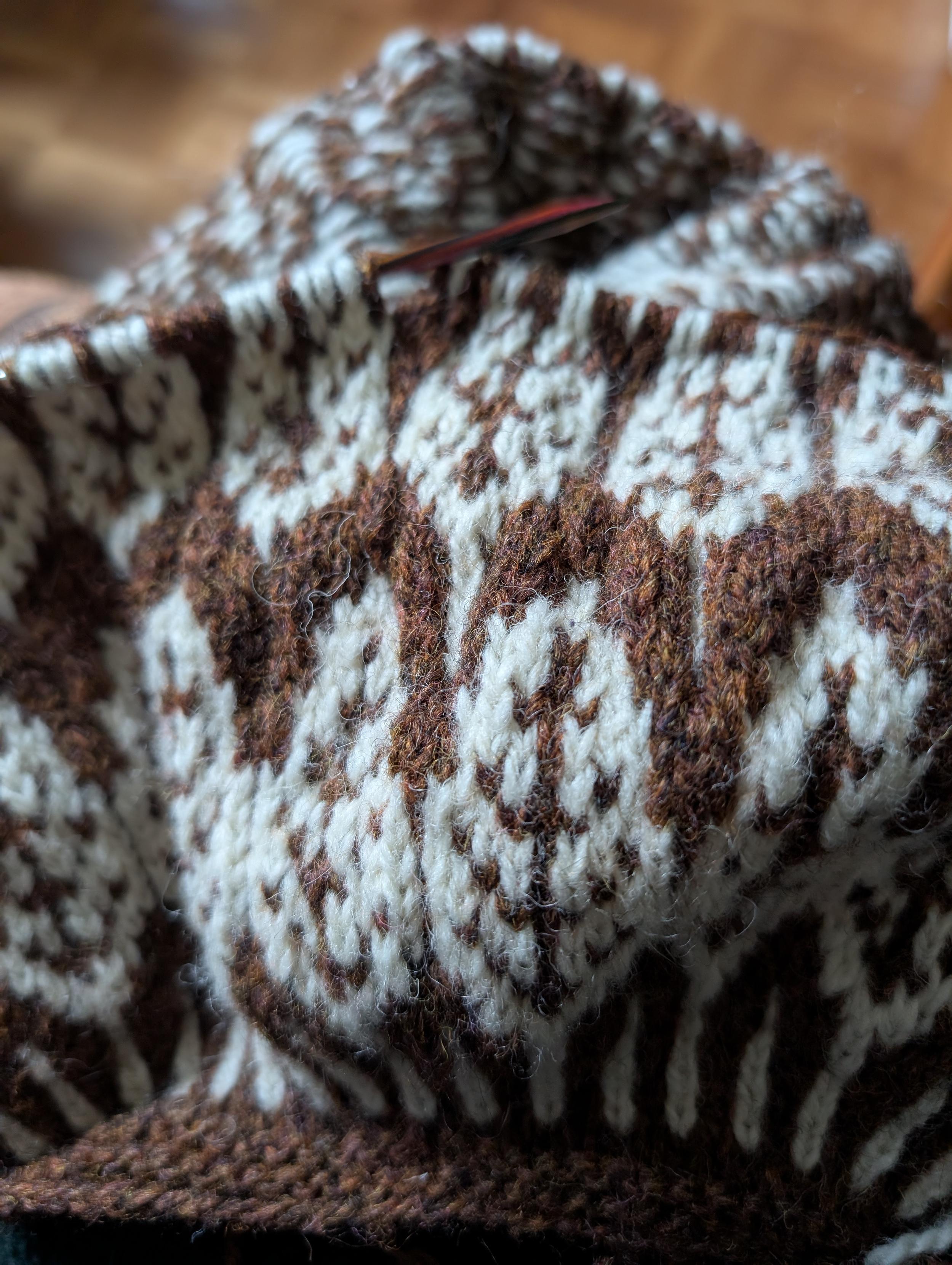 A partially knit jumper on dark, multi-coloured circular needles. The yolk pattern is of leaves created with cream yarn on a rustic brown background shade of yarn which will become the main colour of the jumper, or sweater.
