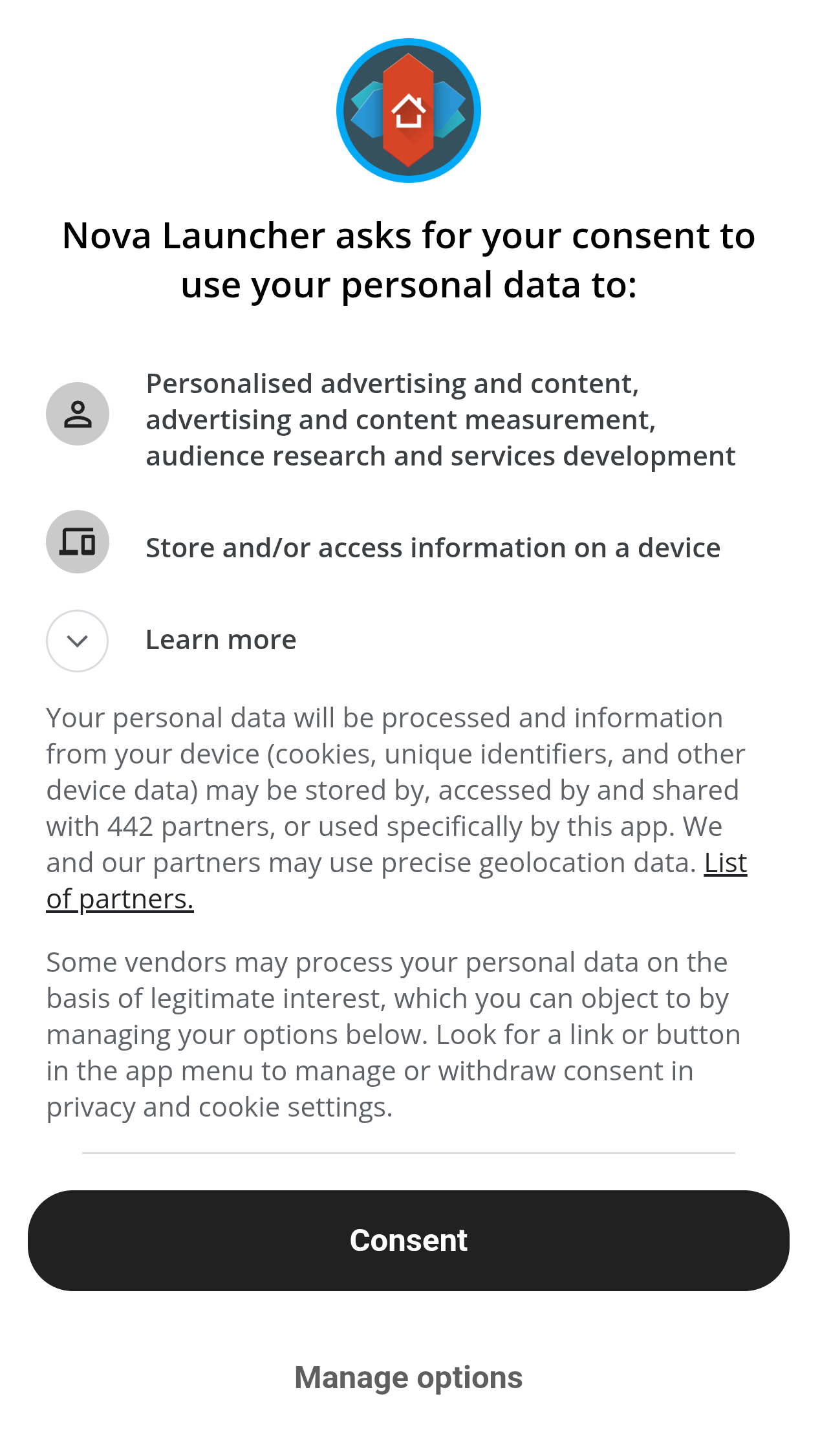 Kuvaruutukaappaus Nova Launcherin cookie-ilmoituksesta, jossa kerrotaan, että tietoja jaetaan 442 yhteistyökumppanin kanssa.