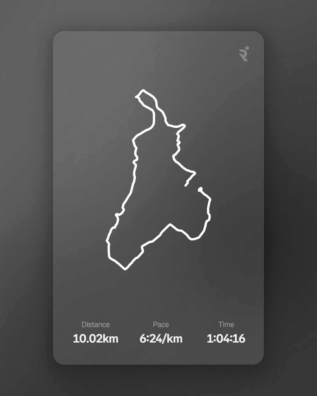 Reitti ja matka-ajatustiedot: 10,02 km, keskivauhti 6:24/km, kokonaisaika 1:04:16.