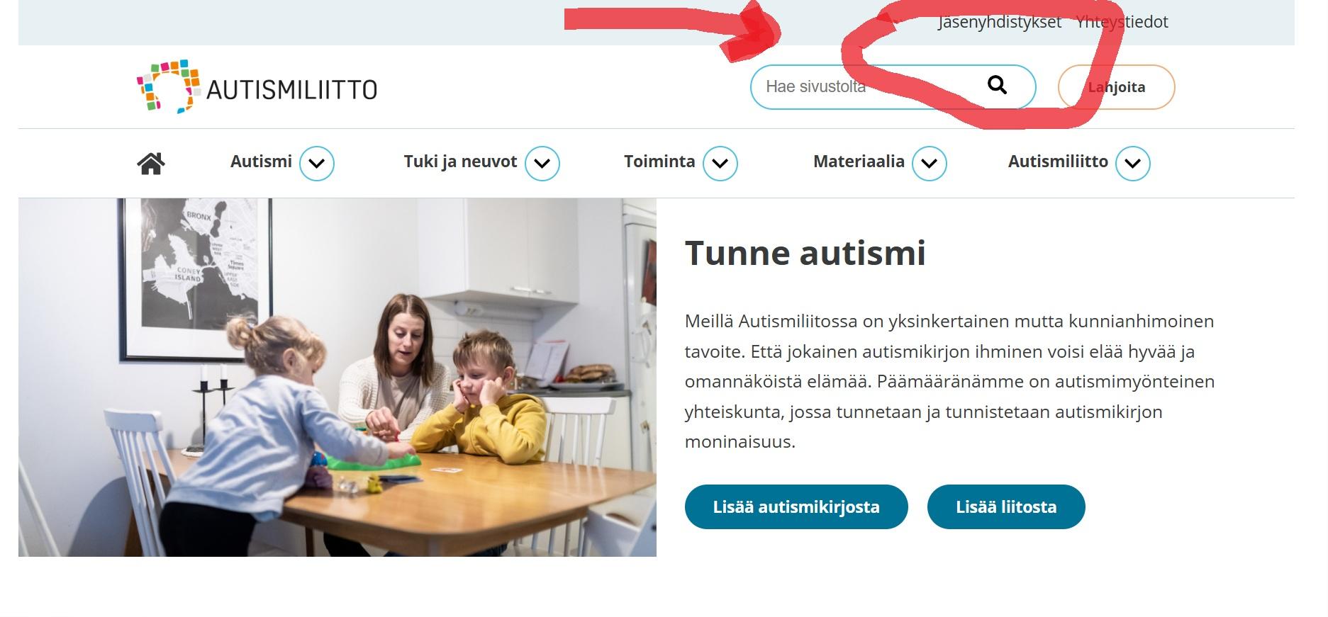 Autismiliiton etusivu netissä