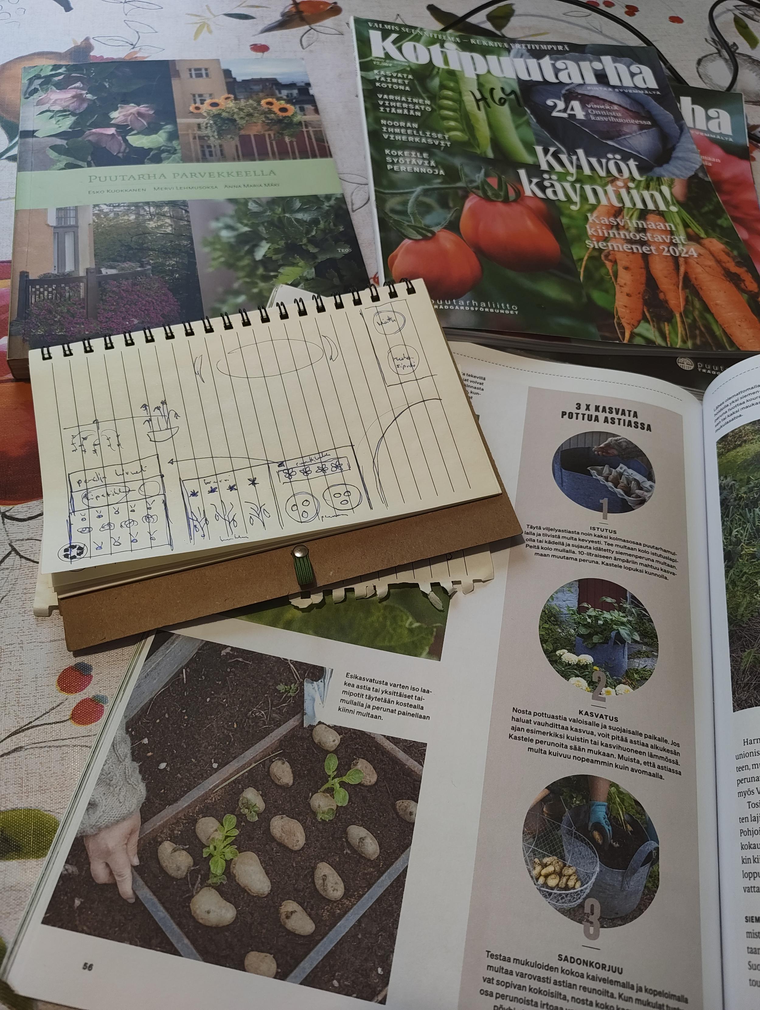 Pöydälle levitettyä puutarhainspiraatiomateriaalia: Puutarha parvekkeella -kirja ja kaksi kirjaston poistomyynnistä haalittua Kotipuutarha-lehteä, joista toisen avoimella aukeamma juttu perunan idättämisestä. Päällä pieni muistikirja, jossa kuulakärkikynällä piirretty suttuinen puutarhasuunnitelma.
