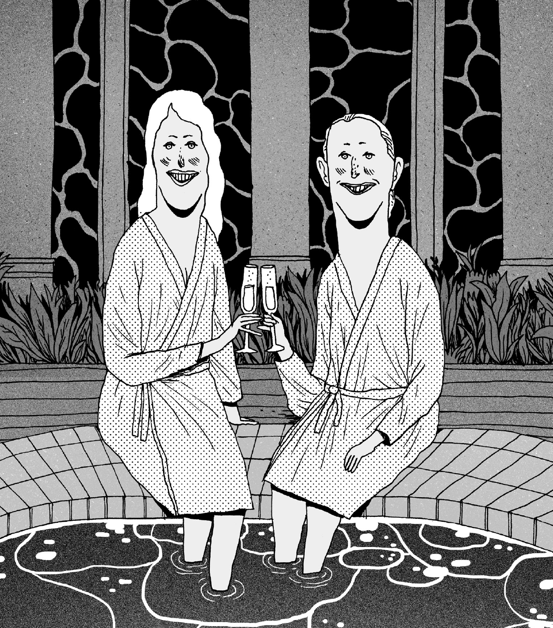 Erik Svetoft: Spa • Kaksi häiritsevästi hymyilevää kylpyläasiakasta kilistelee lasejaan