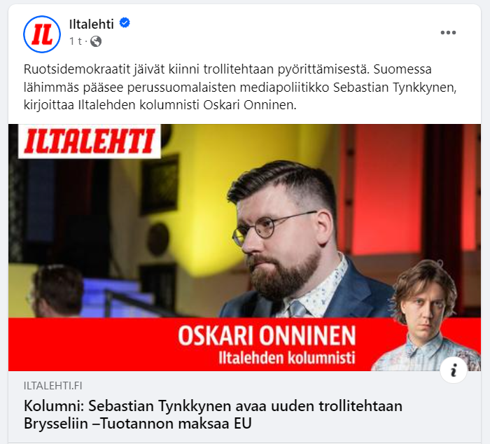 Kuva Sebastian Tynkkysestä. Kuvakaappaus IL, Kolumni: Sebastian Tynkkynen avaa uuden trollitehtaan Brysseliin - Tuotannon maksaa EU