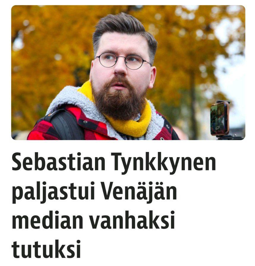 Kuvassa Sebastian Tynkkynen ja teksti: Sebastian Tynkkynen paljastui Venäjän median vanhaksi tutuksi