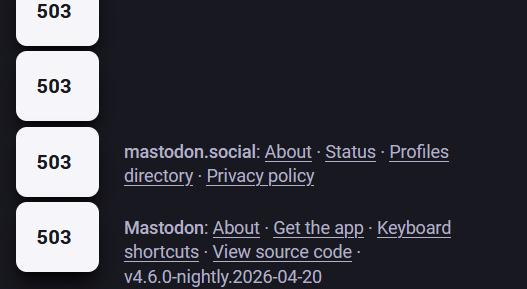 screencap of mastodon social throwing constant 503 errors