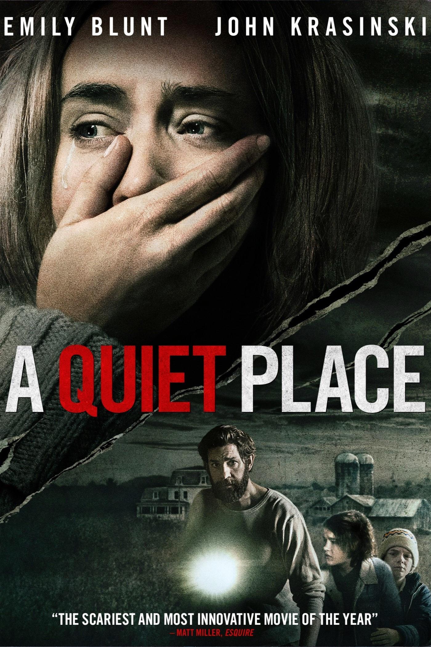 A Quiet Place • Elokuvan juliste • Emily Blunt käsi suulla, koska nyt pitää olla hiliaa!