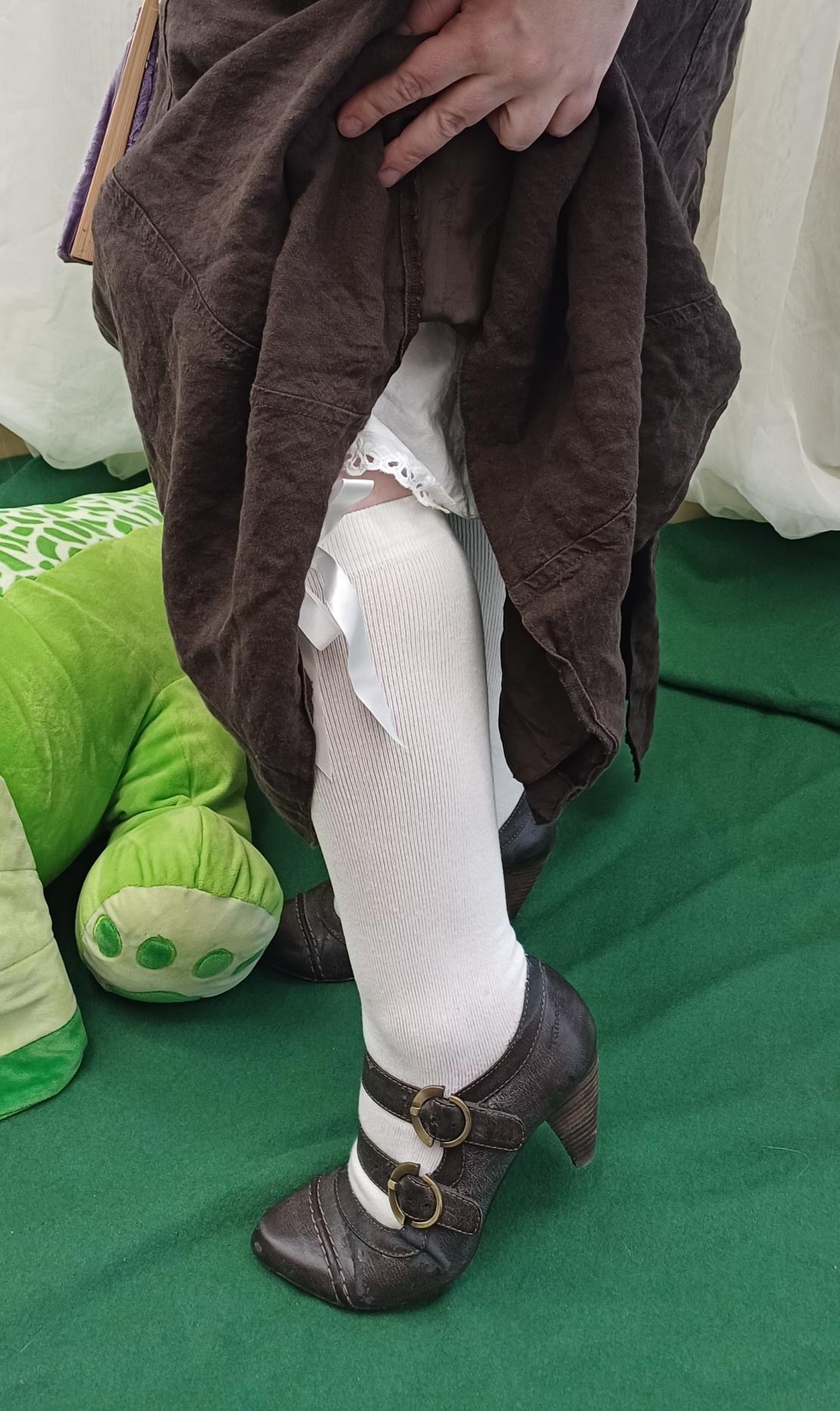 Lähikuva, jossa naishenkilö nostaa pitkää ruskeaa hametta esitelläkseen ruskeita solkikenkiä ja valkoisia rusetilla koristettuja polvisukkia. Hameen helman alta vilahtaa pitsikoristeltu alushame. Jalkojen vieressä näkyy osittain iso lohikäärmepehmolelu.