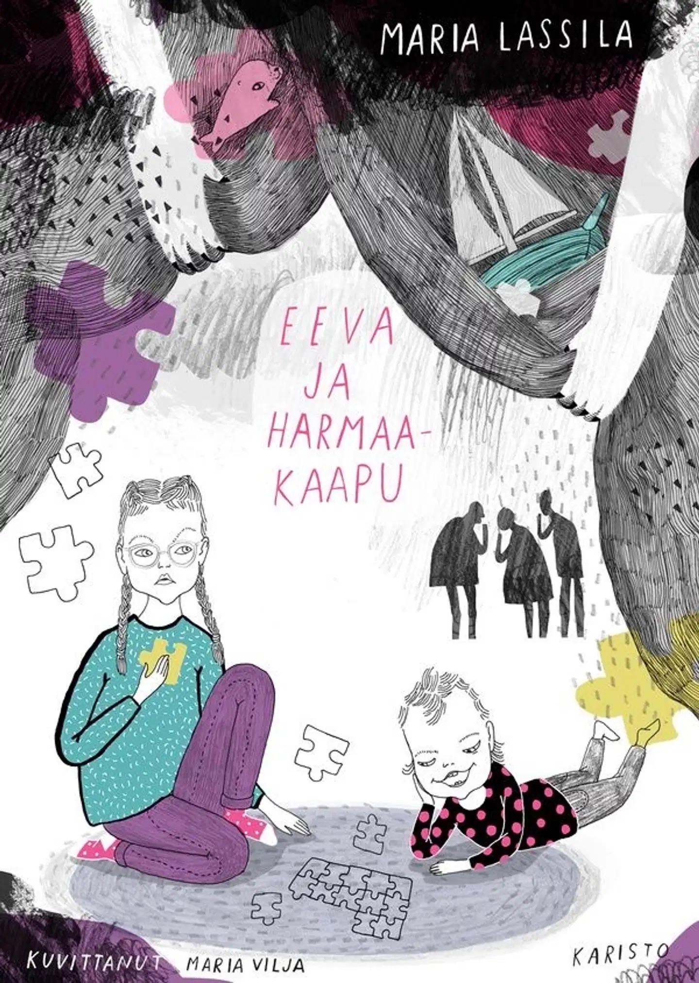 Eeva ja harmaakaapu -kirjan kannessa on piirros kahdesta lapsesta tekemässä palapeliä lattialla. Taustalla kolme harmaata aikuisen siluettia on puhumassa keskenään. Yläreunassa näkyy kädet, jotka raottavat harmaata verhoa tai muuta kangasta.