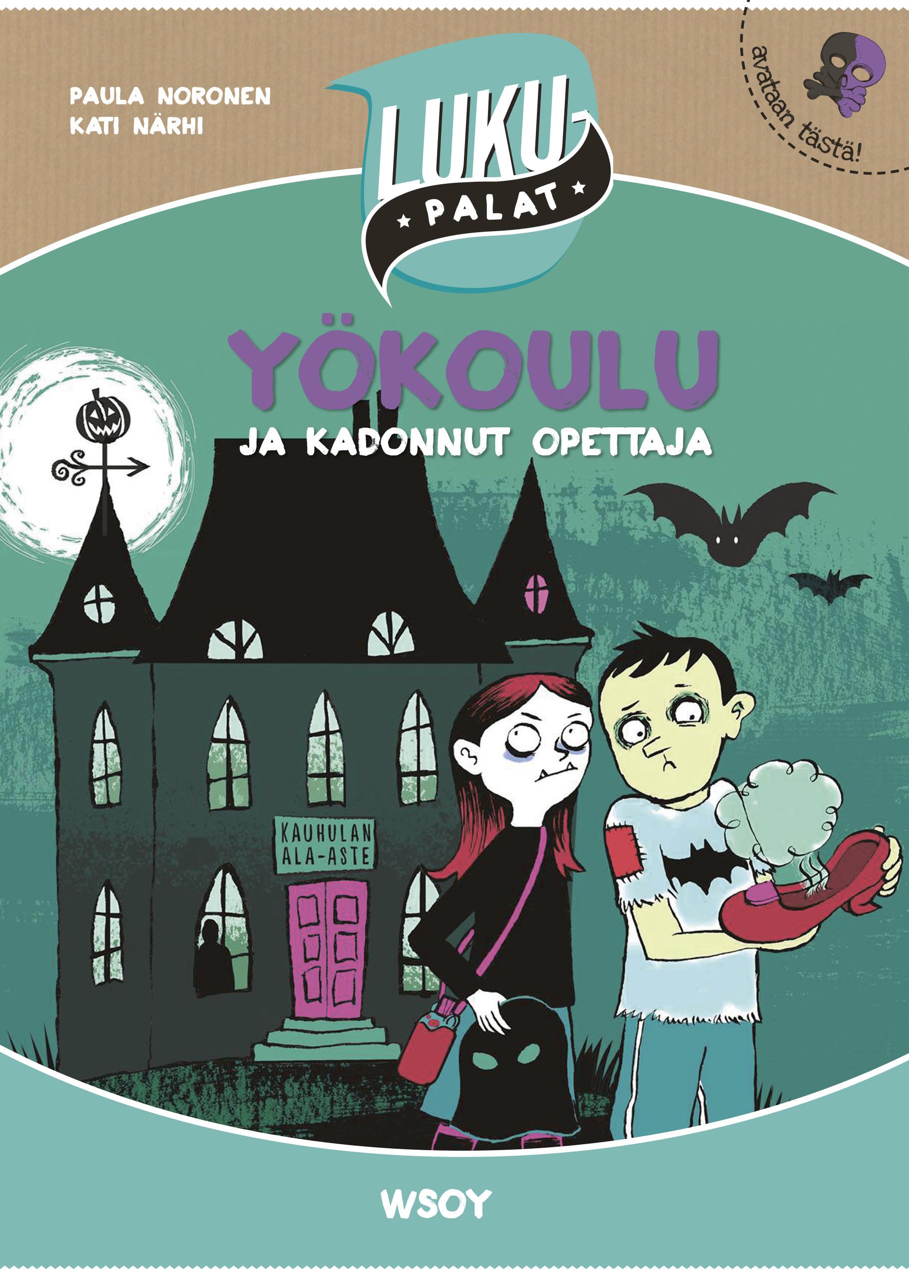 Yökoulu ja kadonnut opettaja -kirjan kannessa ovat vampyyri Martta ja zombie Paavo, taustallaan synkkä kartano eli Kauhulan ala-aste. Paavo pitelee kädessään punaista kenkää, josta nousee hurja sukkahien haju.